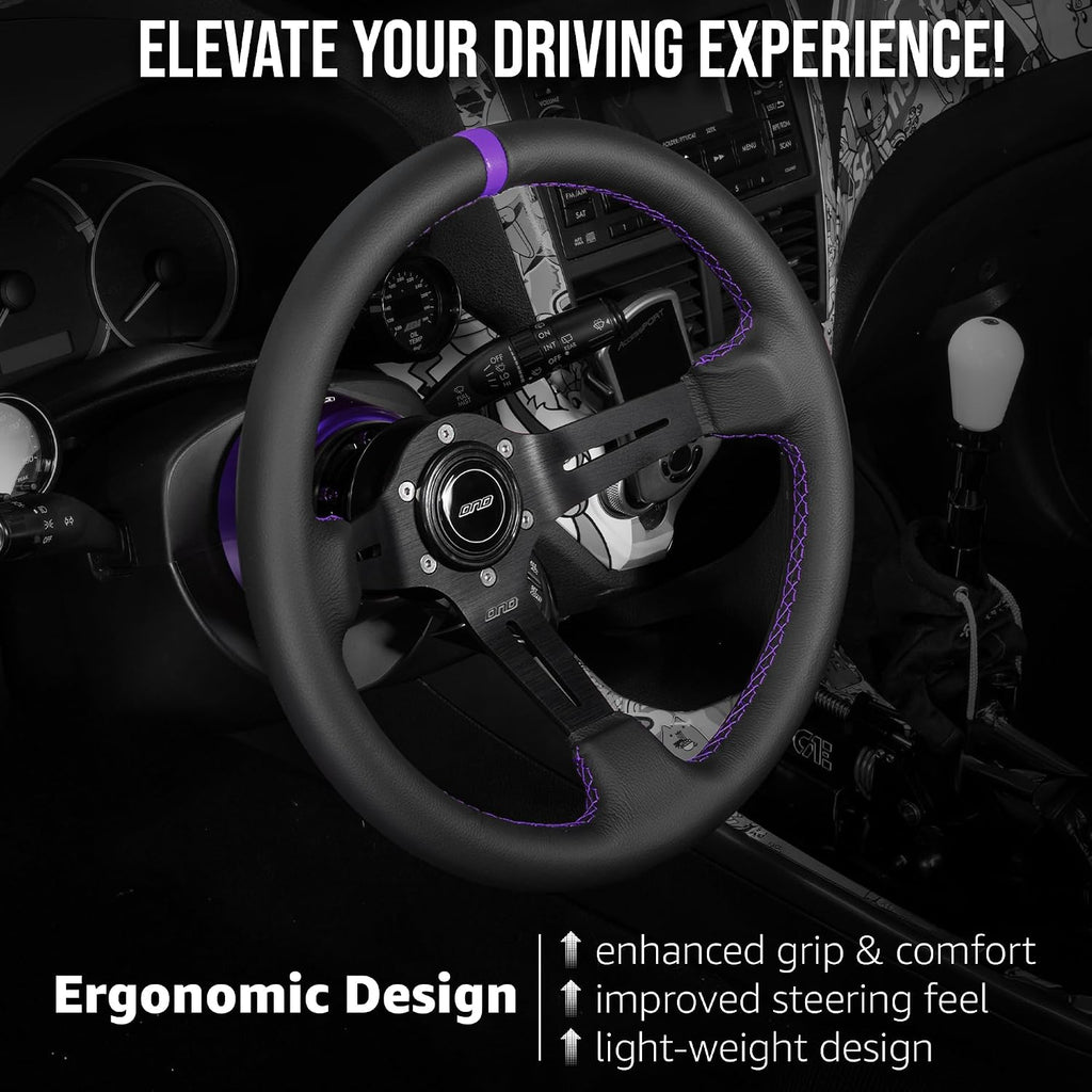 DND Performance Interior's Leather Race Steering Wheel / 350mm Diameter and 75mm Depth / 6x70mm Bolt Pattern/DND Leather Steering Wheel with Horn Button Included (Colored Stitching) (Purple)