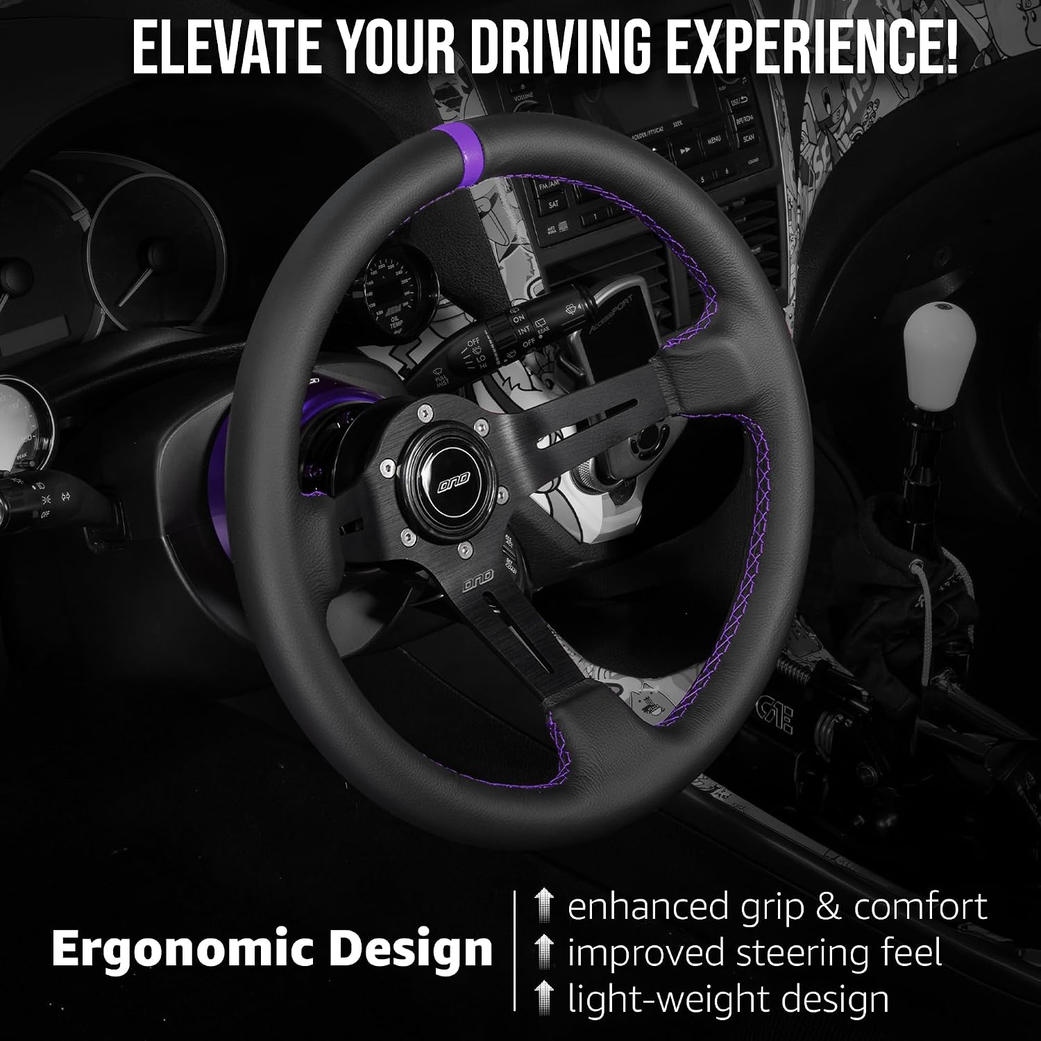 DND Performance Interior's Leather Race Steering Wheel / 350mm Diameter and 75mm Depth / 6x70mm Bolt Pattern/DND Leather Steering Wheel with Horn Button Included (Colored Stitching) (Purple)