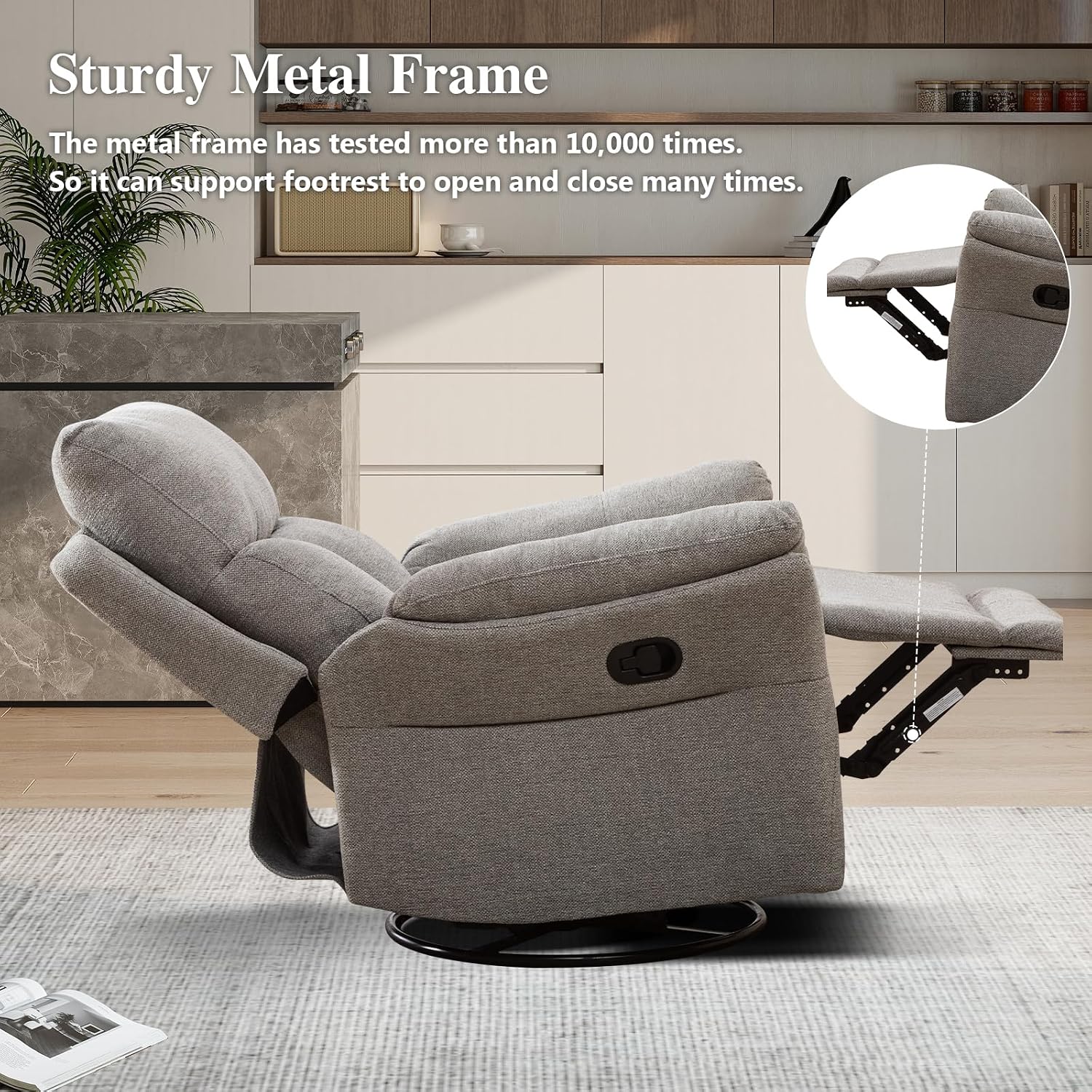 CANMOV Rocker Recliner, Manual Swivel Recliner with Overstuffed Cushion, Nursing Chairs for Living Room, Swivel Glider Recliners with Soft Backrest, Grey