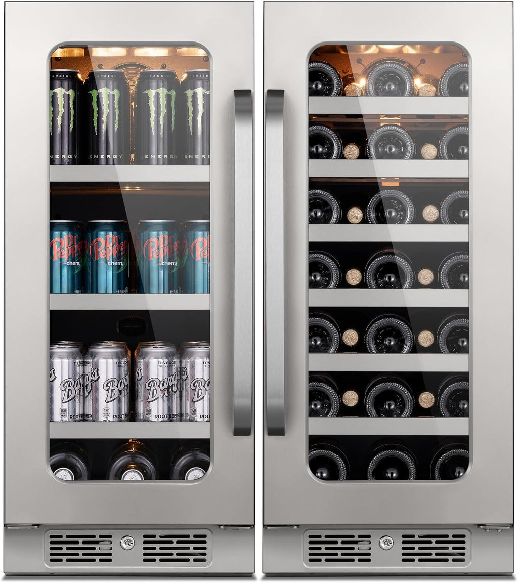 30 Inch Wine and Beverage Refrigerator 80 Cans and 33 Bottles Wine Fridge 36-72 ℉, 3 LED Beverage Cooler with Glass Door Built-in or Freestanding for Home Bar Office(6.0 cu.ft)