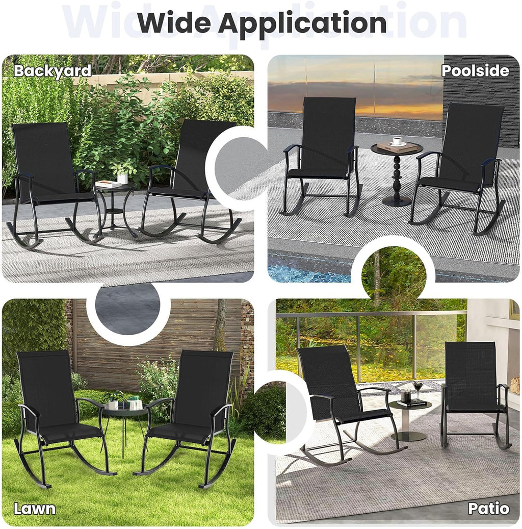 Tangkula Patio Rocking Chairs Set of 2, Outdoor Rocking Chair with Smooth & Safe Rocking Motion, Ergonomic Backrest, Breathable Fabric, All-Weather Outdoor Rocker for Backyard, Poolside (1,Black)