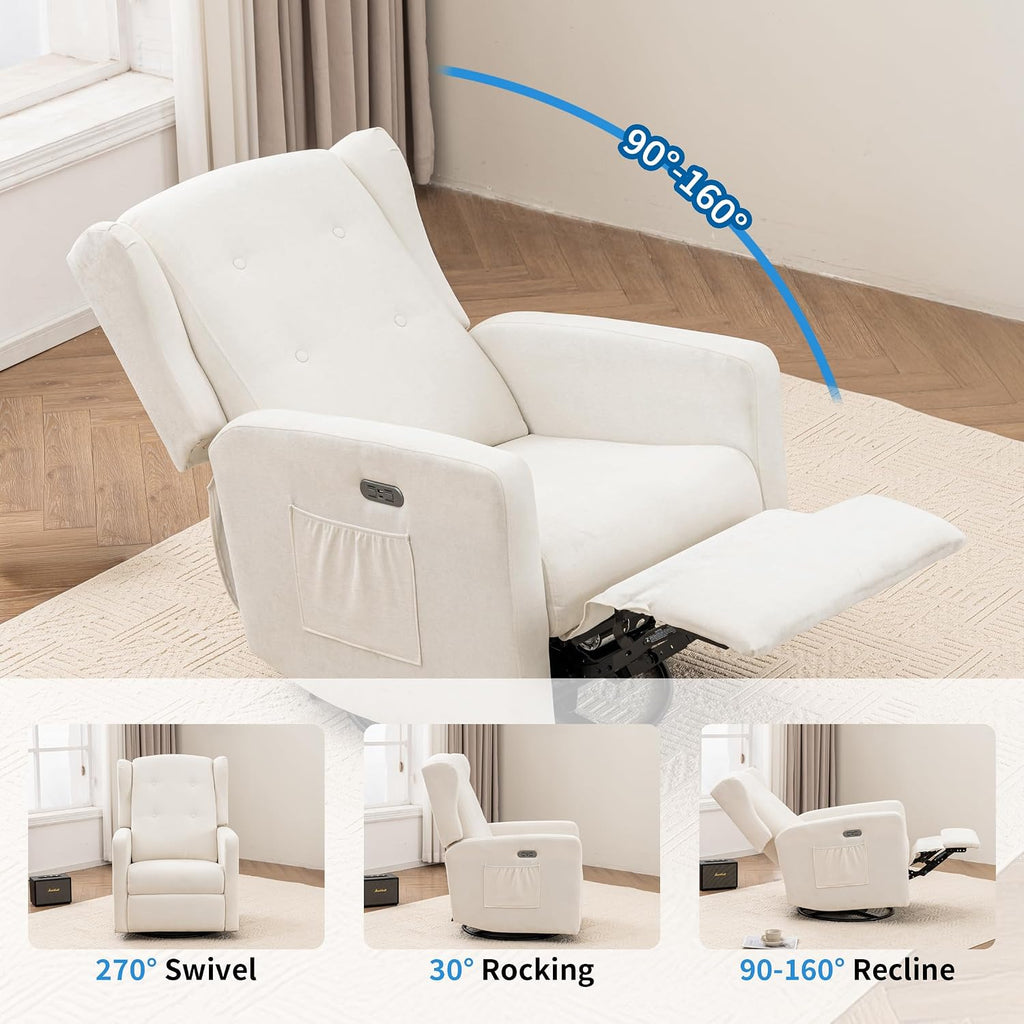 Swivel Rocker Power Recliner Chair for Nursery, 270° Swivel Glider Recliner with USB & Type-C Charging, Electric Reclining Chair with Storage Pockets, Upholstered Recliner for Living Room(Cream)