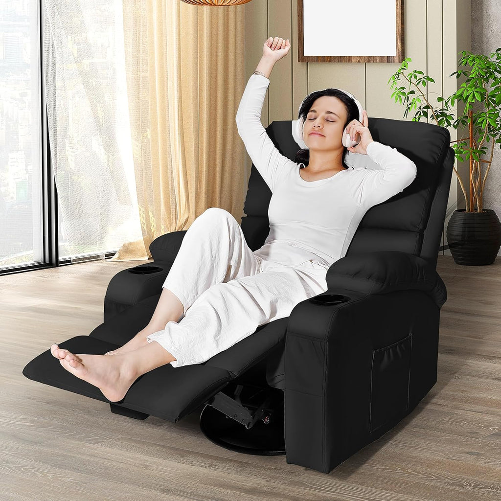 LEVELEVE Rocking Recliner Chair, Massage Rocker Recliner Chair with Vibration Massage and Heat, USB and Type-C Ports,360° Swivel Faux Leather Chairs, Living Room, Bedroom, Nursery, RV, Black