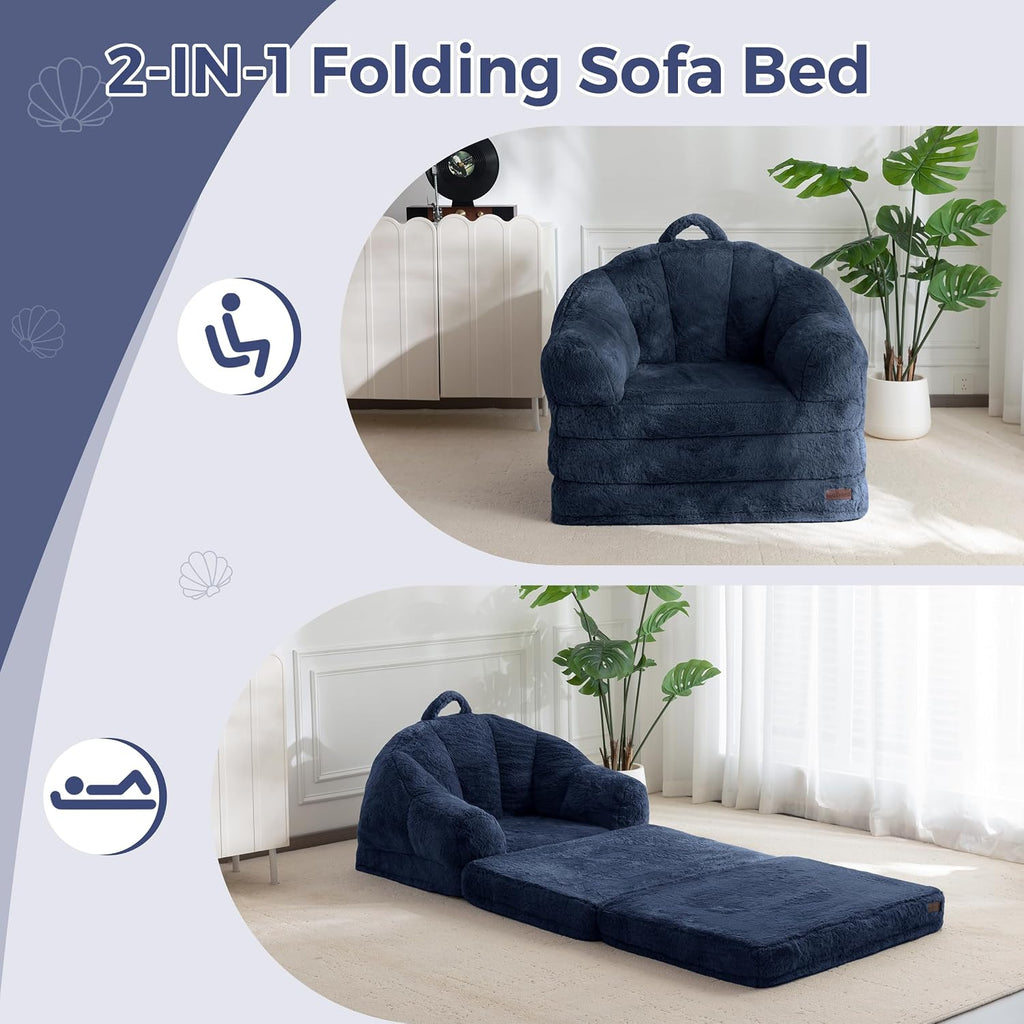 MAXYOYO Folding Sofa Bed, 2 in 1 Convertible Sofa to Lounger Comfy Single Bean Bag Chair for Adults, Floor Sleeper Couch with Handle, Faux Fur Couch Bed for Living Room Bedroom, Navy