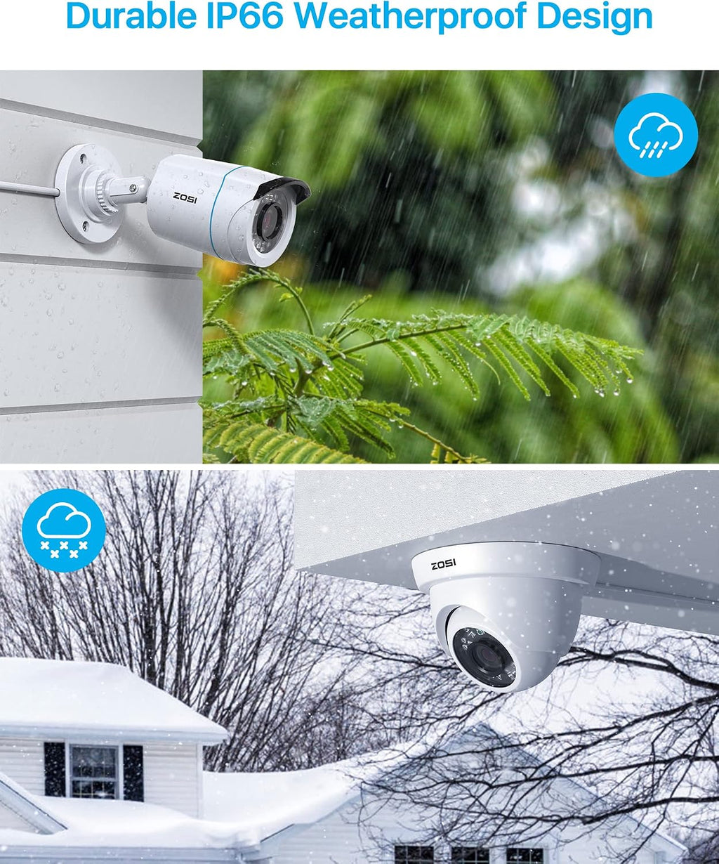 ZOSI H.265+ 8CH 1080p Home Security Camera System Indoor Outdoor, 5MP 8 Channel Lite CCTV DVR, 8 x 1080p Weatherproof Surveillance Bullet Dome Camera, Remote Access, Motion Detection (No HDD), White