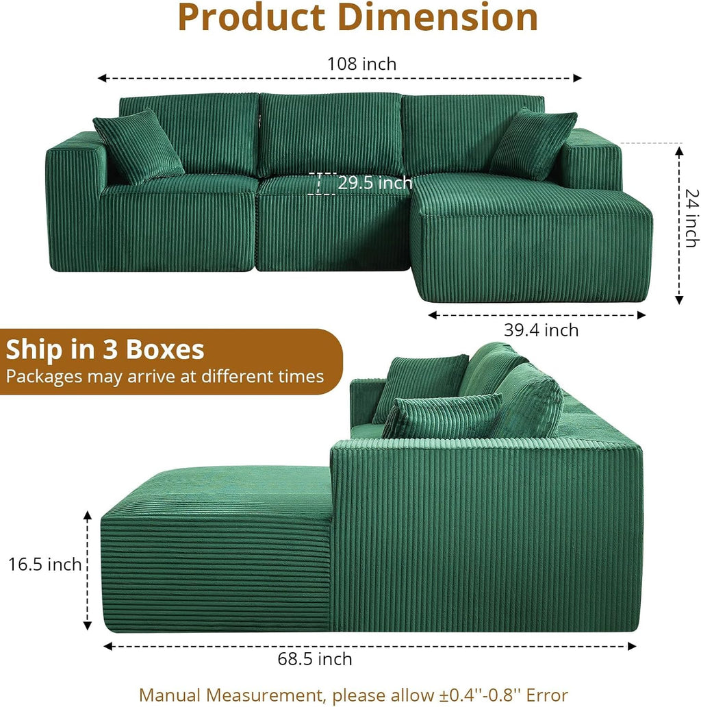 Garvee Boneless Cloud Couch 108' Sectional Modern Comfy l-Shape Convertible Compression Sleeper Modular Sofa with Corduroy Fabric Deep Seat Loveseat + Chaise for Living Room No Assembly Required
