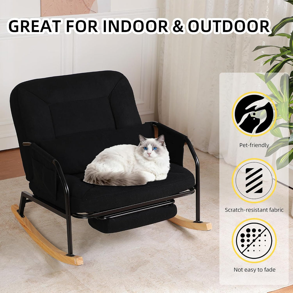 Oversized Rocking Chair, Extra-Wide Glider Patio Rocker Chairs with Foot Rest, Padded Cushion, Adjustable Backrest, Mental Wooden Farm, Indoor/Outdoor Living Room Bedroom Balcony Porch，Black