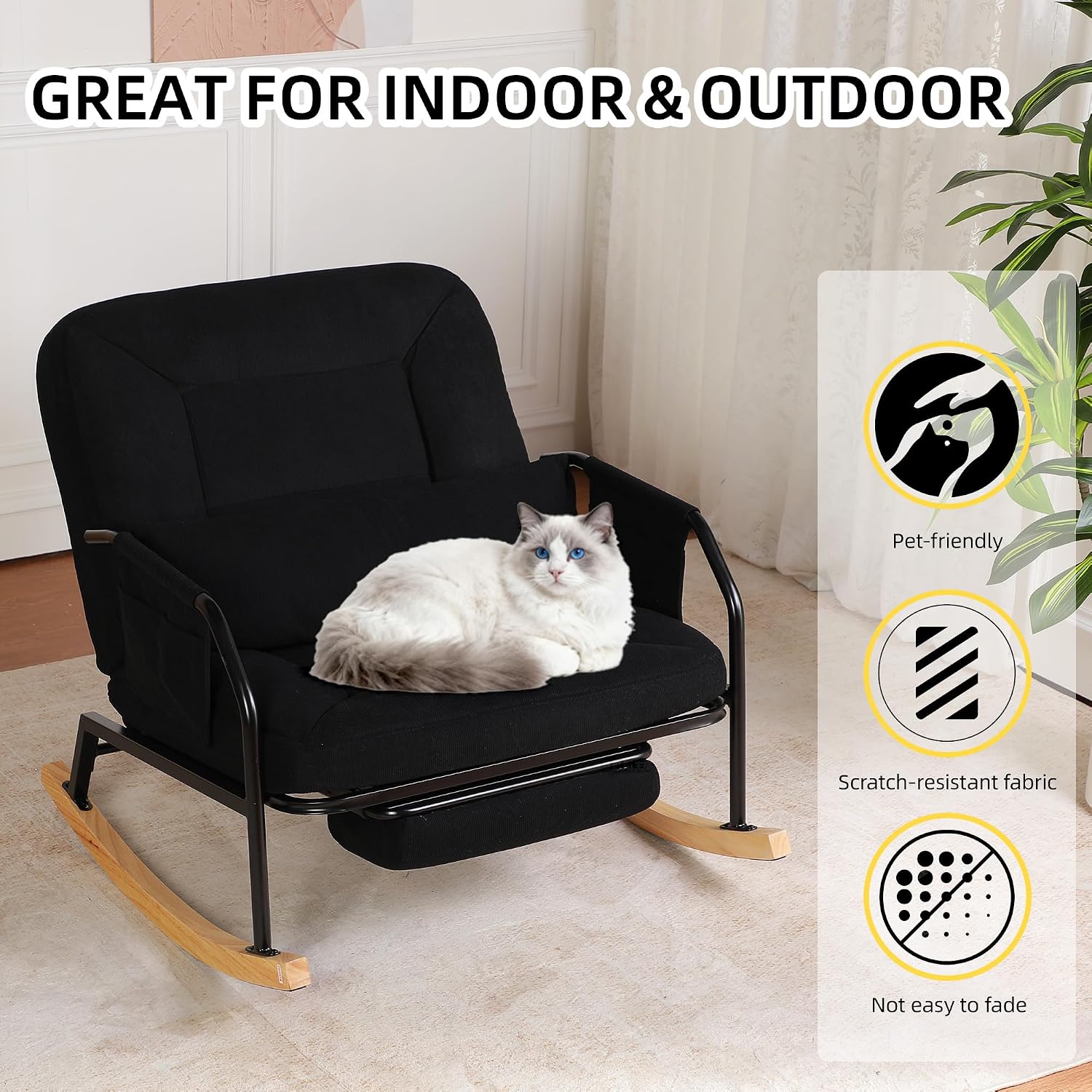 Oversized Rocking Chair, Extra-Wide Glider Patio Rocker Chairs with Foot Rest, Padded Cushion, Adjustable Backrest, Mental Wooden Farm, Indoor/Outdoor Living Room Bedroom Balcony Porch，Black