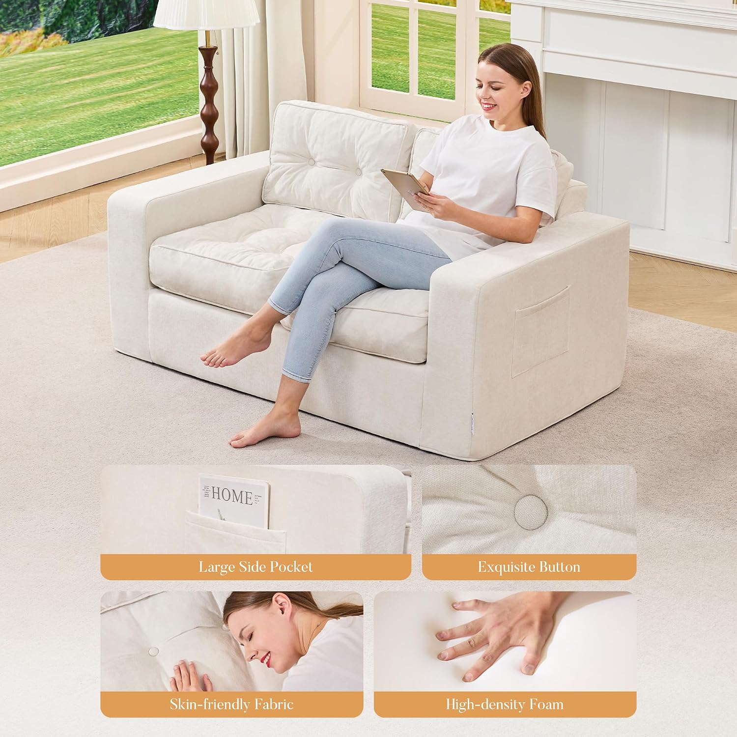 Hobestluk Sofa Couch Loveseat Sofa with Chenille Fabric 2-Seater Sofa for Small Spaces Comfortable Foam Floor Sofa 2 in 1 Boneless Couch for Living Room Bedroom Apartment or Office (Beige, Loveseat)