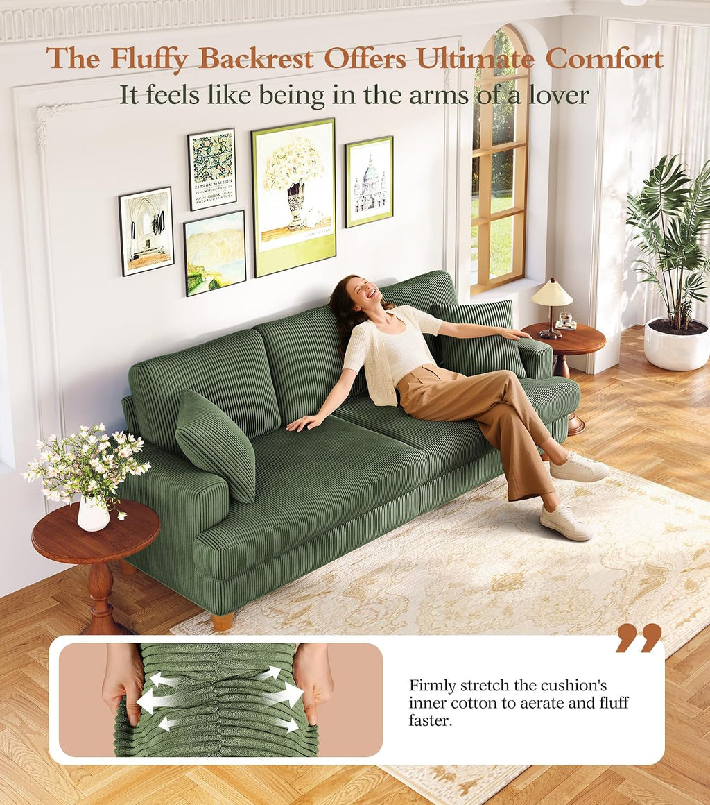 Kidirect 87in L Shaped Couch, Modular Sofa No Tool Assembly, Comfy Sectional Couches for Living Room 21in Deeper Seats, Corduroy Sofas for Living Room with 2 Pillows, Loveseat Sofa Set, Green Couch