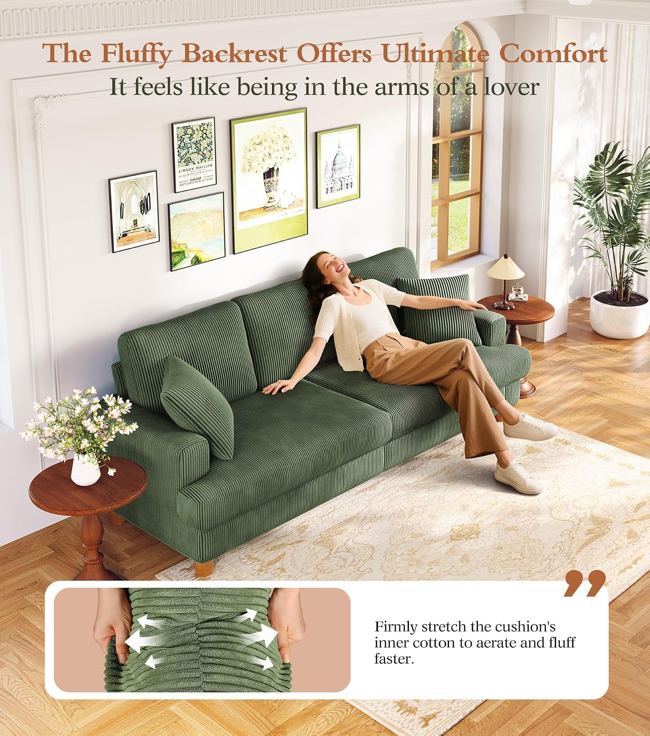 Kidirect 87in L Shaped Couch, Modular Sofa No Tool Assembly, Comfy Sectional Couches for Living Room 21in Deeper Seats, Corduroy Sofas for Living Room with 2 Pillows, Loveseat Sofa Set, Green Couch