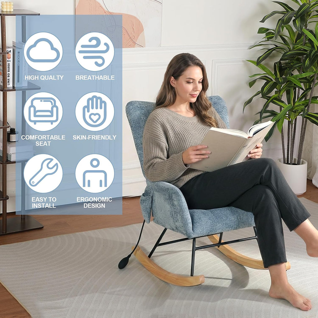 Rocking Chair Nursery with Airbag, Comfy Modern Nursery Rocking Reading Chair Indoor, Cozy Upholstered Glider Rocker Chairs for Living Room Bedroom Offices, (Chenille, Blue)