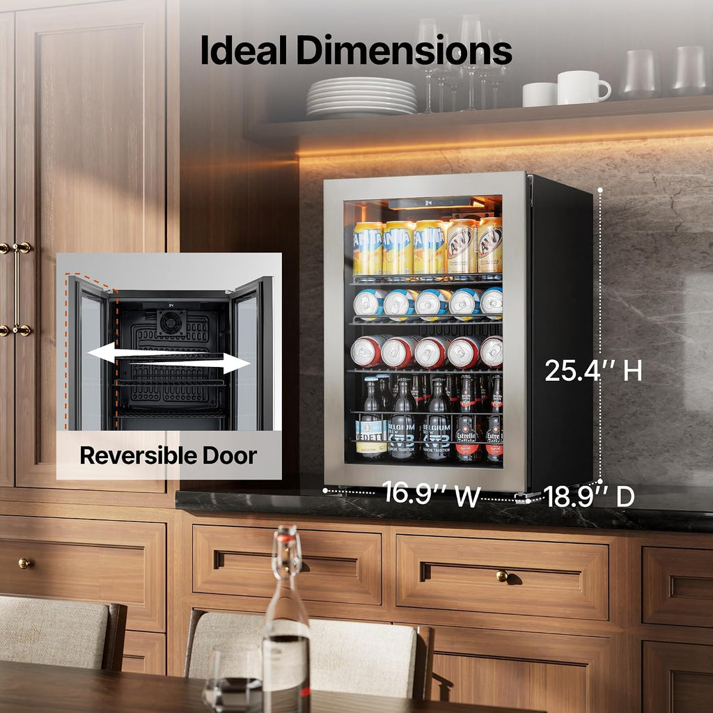 Ca'Lefort Mini Fridge Beverage Cooler, 85 Can Beverage Refrigerator with Reversible Glass Door, Adjustable Shelves for Soda, Beer & Drinks, Digital Temperature Control for Dorm, Office & Home