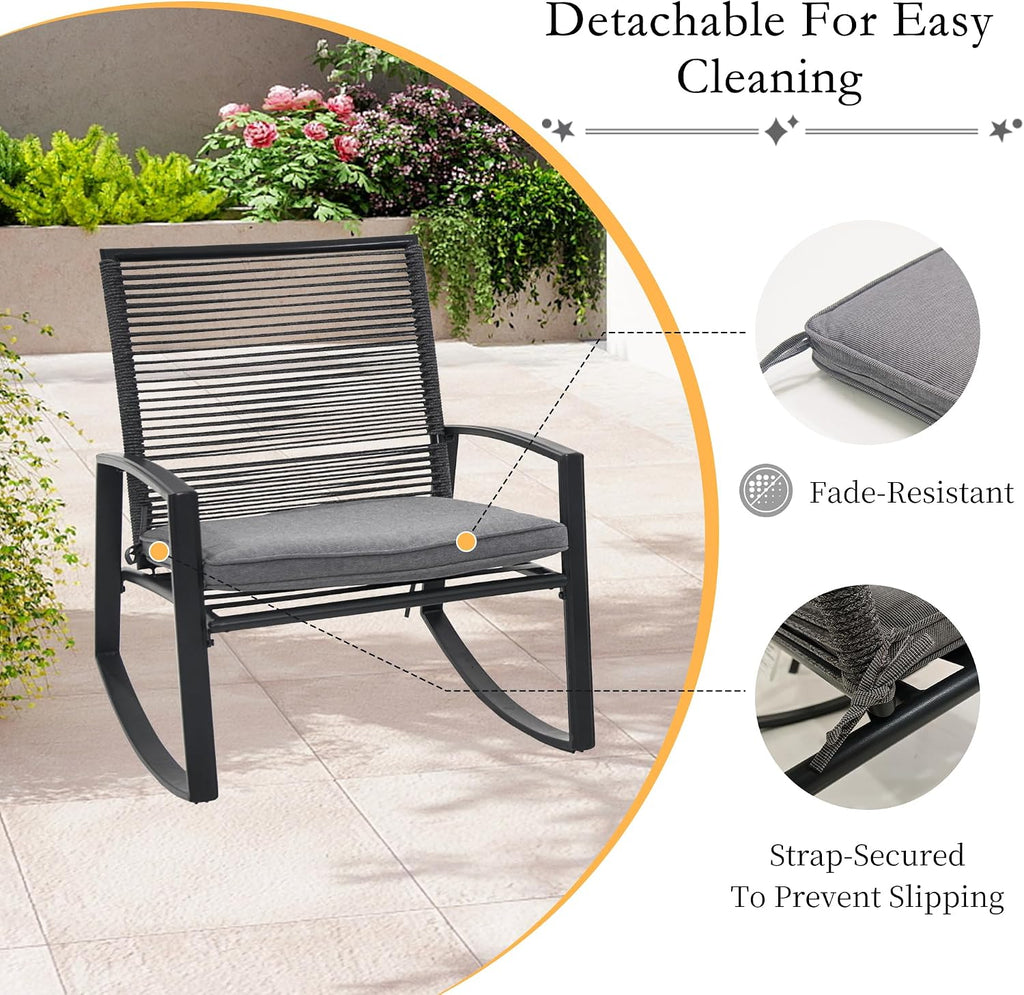 Domi Outdoor 3-Piece Wicker Rocking Chair Set, Patio Conversation Set with Removable Textilene Cushions & Metal Coffee Table, All-Weather Outside Chair Set of 3 for Balcony, Backyard, Pool, Grey