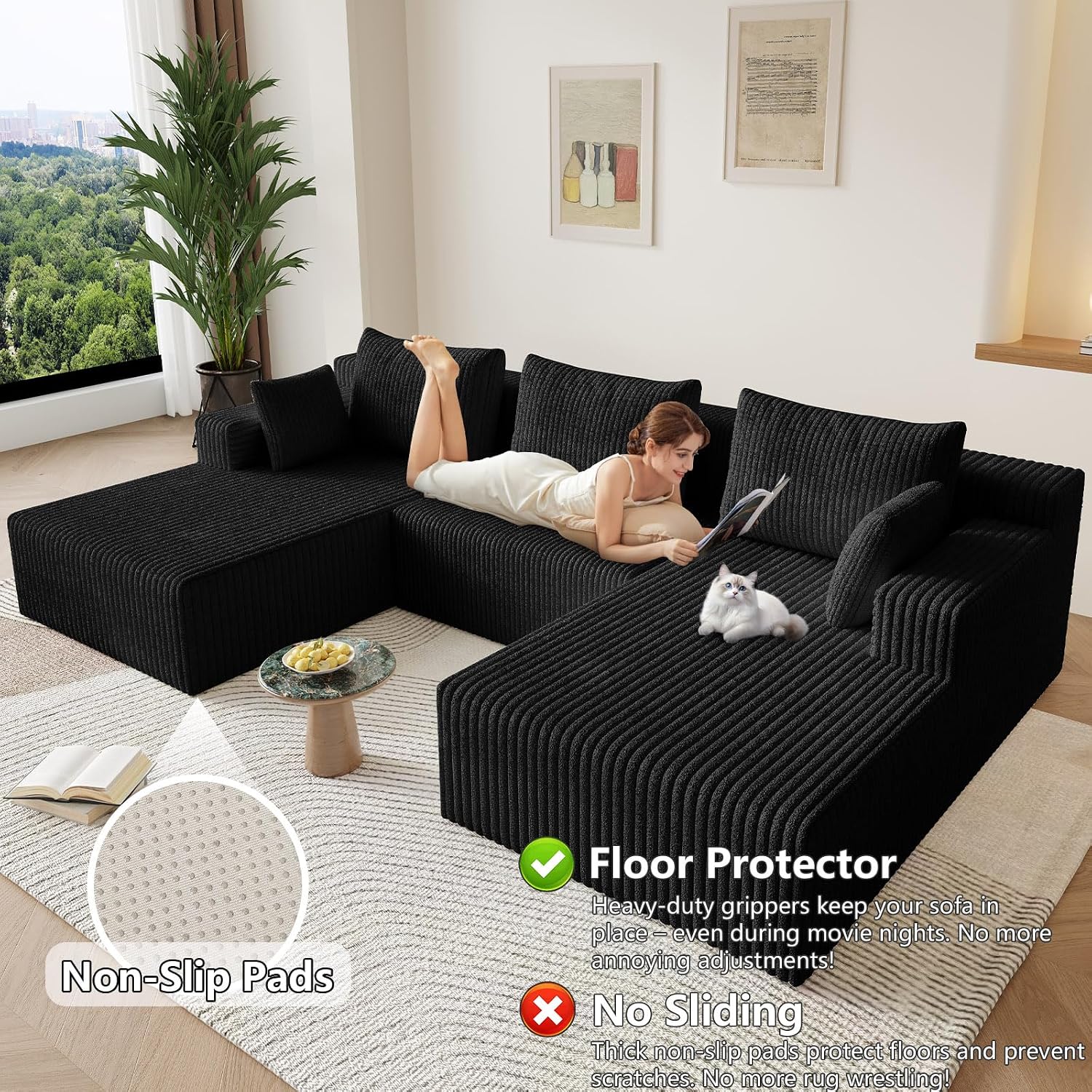 107' Modular Sectional Sofa, Modern Corduroy Cloud Couch with Deep Seat, Boneless Couch Upholstered 3-Seater U-Shaped Sofa for Living Room, No Assembly Required (Black)
