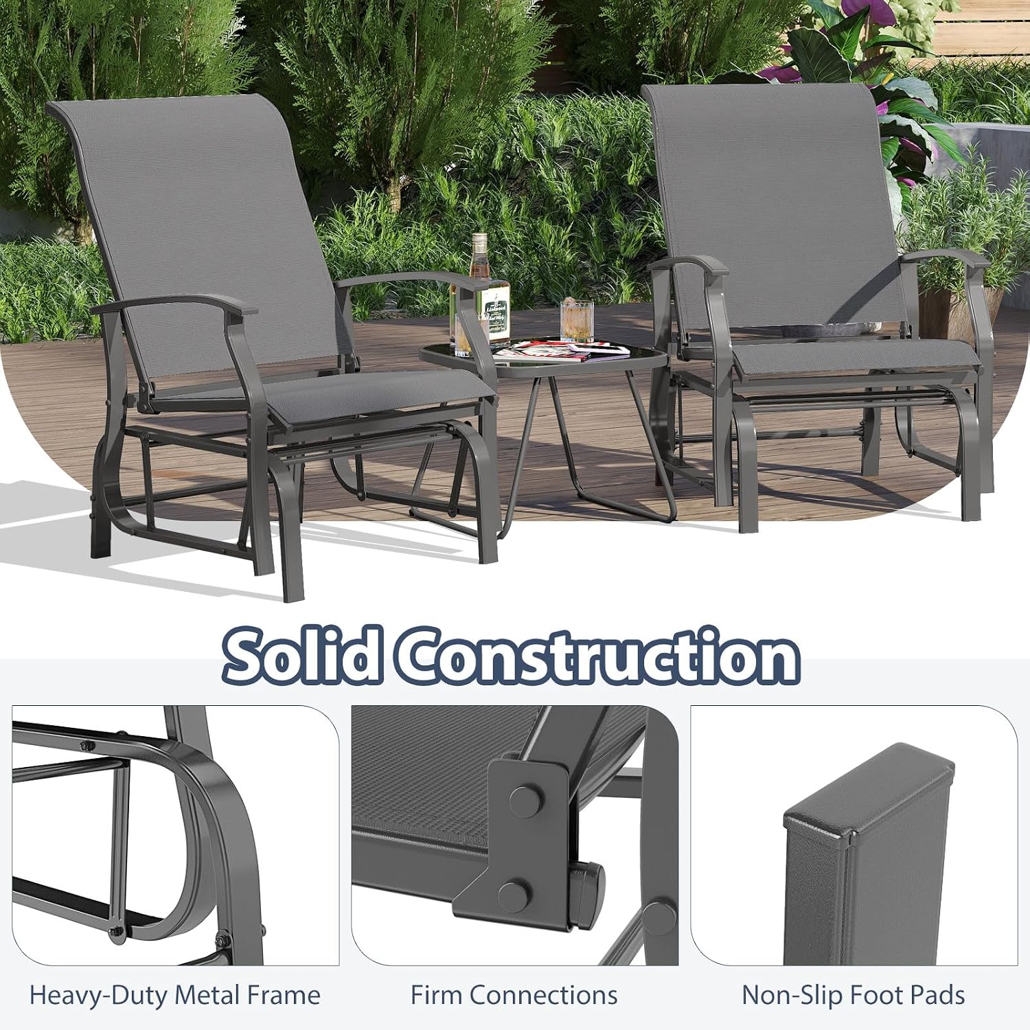 Tangkula Porch Gliders Set of 2, Outdoor Swing Glider Chairs with High Back, Breathable Mesh Fabric and Metal Frame, Patio Rocking Chairs for Backyard Garden Balcony Poolside (Grey)
