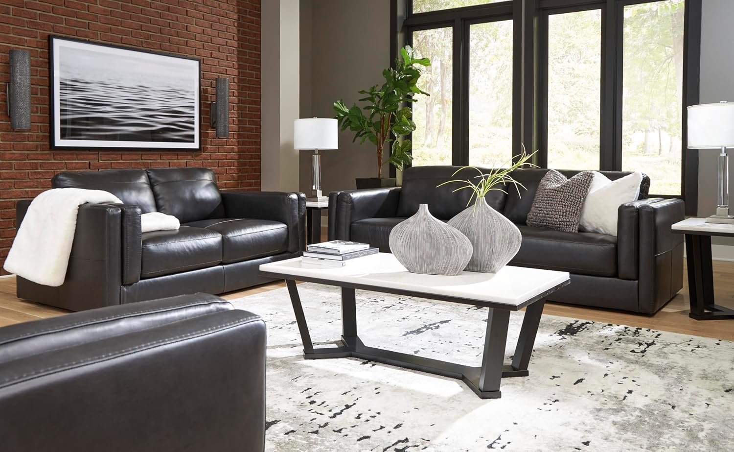 Signature Design by Ashley Amiata Modern Leather Match Sofa with Non-skid Legs, Black