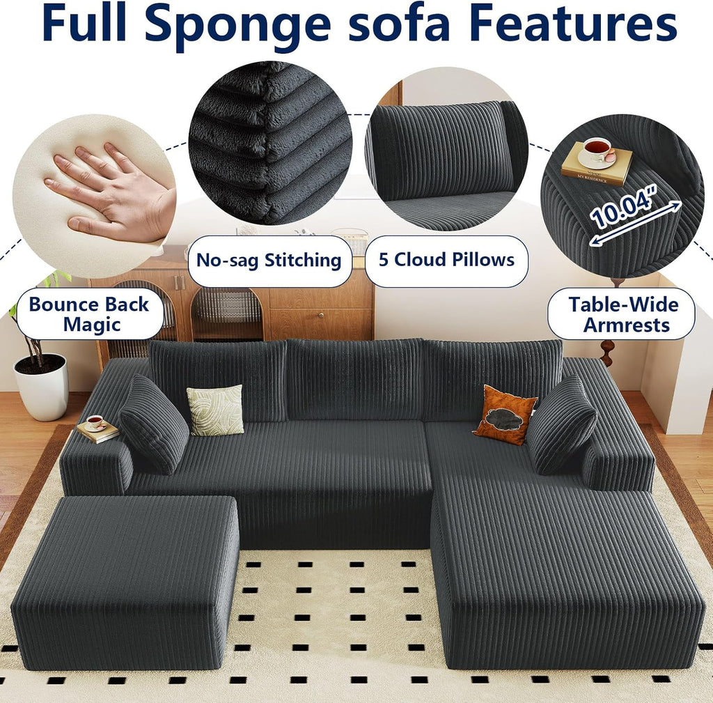 96' Modular Sectional Sofa with Ottoman, Modern Corduroy Cloud Couch with Deep Seat, Boneless Couch Upholstered 3-Seater U-Shaped Sofa for Living Room, No Assembly (Grey, Right-Facing Chaise)