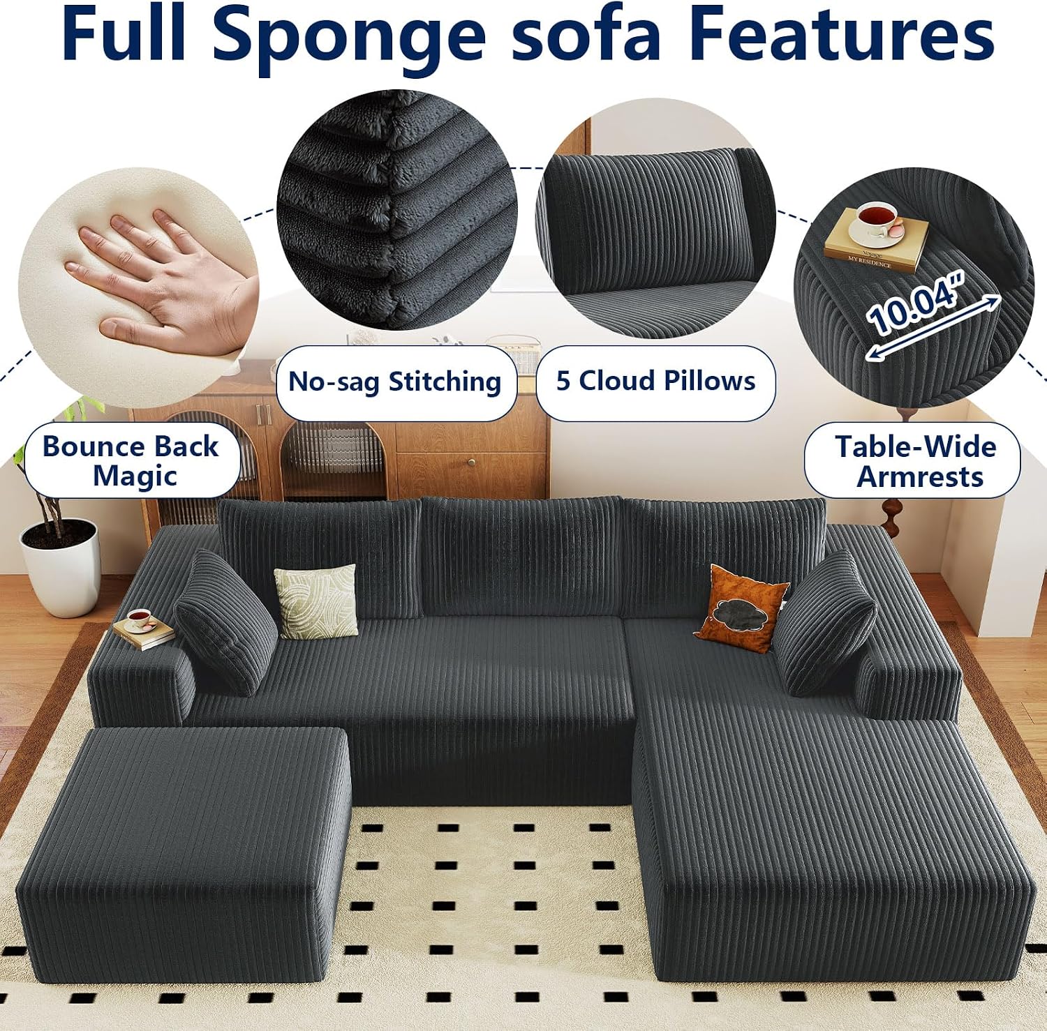 96' Modular Sectional Sofa with Ottoman, Modern Corduroy Cloud Couch with Deep Seat, Boneless Couch Upholstered 3-Seater U-Shaped Sofa for Living Room, No Assembly (Grey, Right-Facing Chaise)
