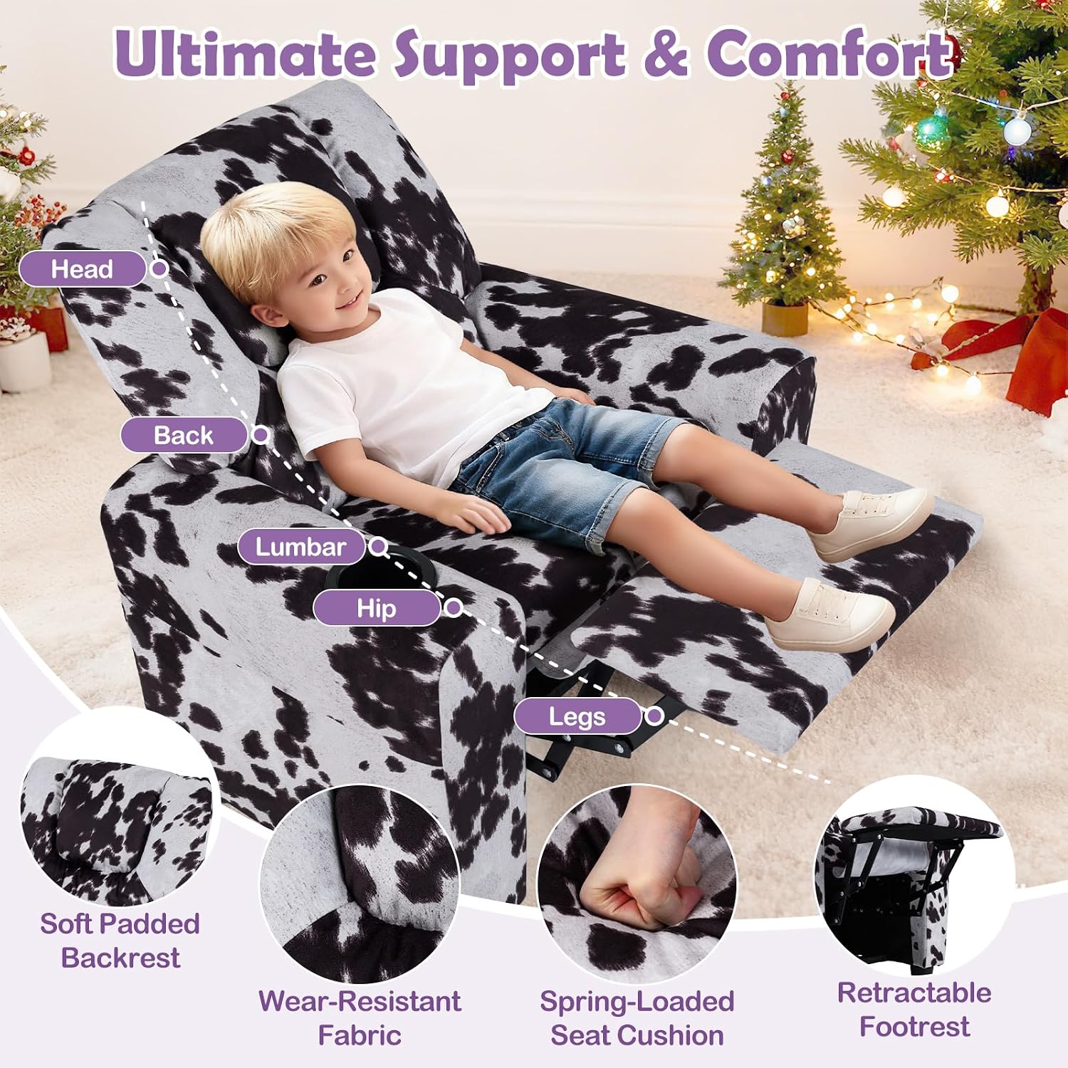 Costzon Kids Recliner Chair with Cup Holder, Toddler Adjustable Lounge Chair w/Footrest for Boys Girls Room, Ergonomic Baby Child Furniture Sofa for Age 3+ Gifts, Kids Mini Recliner up to 150 lbs
