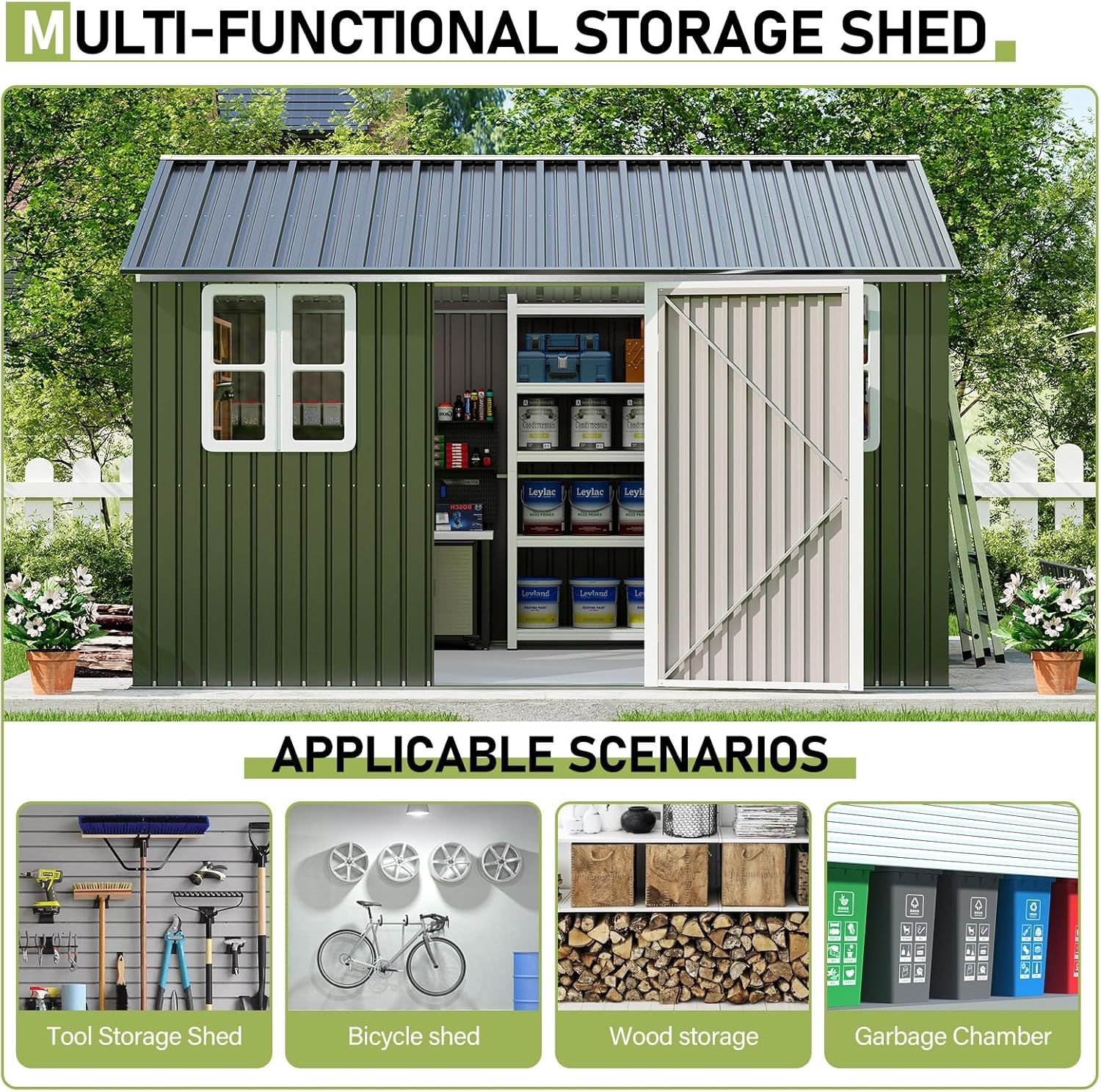 VanAcc 10 x 12FT Outdoor Storage Shed with a Lockable Hinged Door and 2 Windows, Nordic Cottage Metal Shed for Backyard, Garden, Patio, Dark Grey/White
