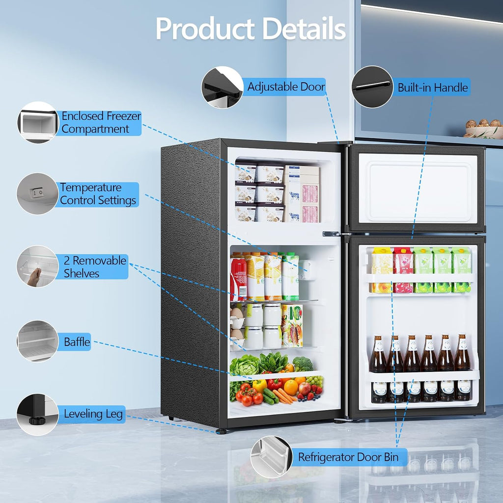Electactic 2.5 Cu.Ft Mini Fridge with Freezer, Double-Door Compact Refrigerator, Adjustable Glass Shelves, Mechanical Thermostat & Built-in Casters, Space-Saving for Apartment/Dorm/Office, Silver