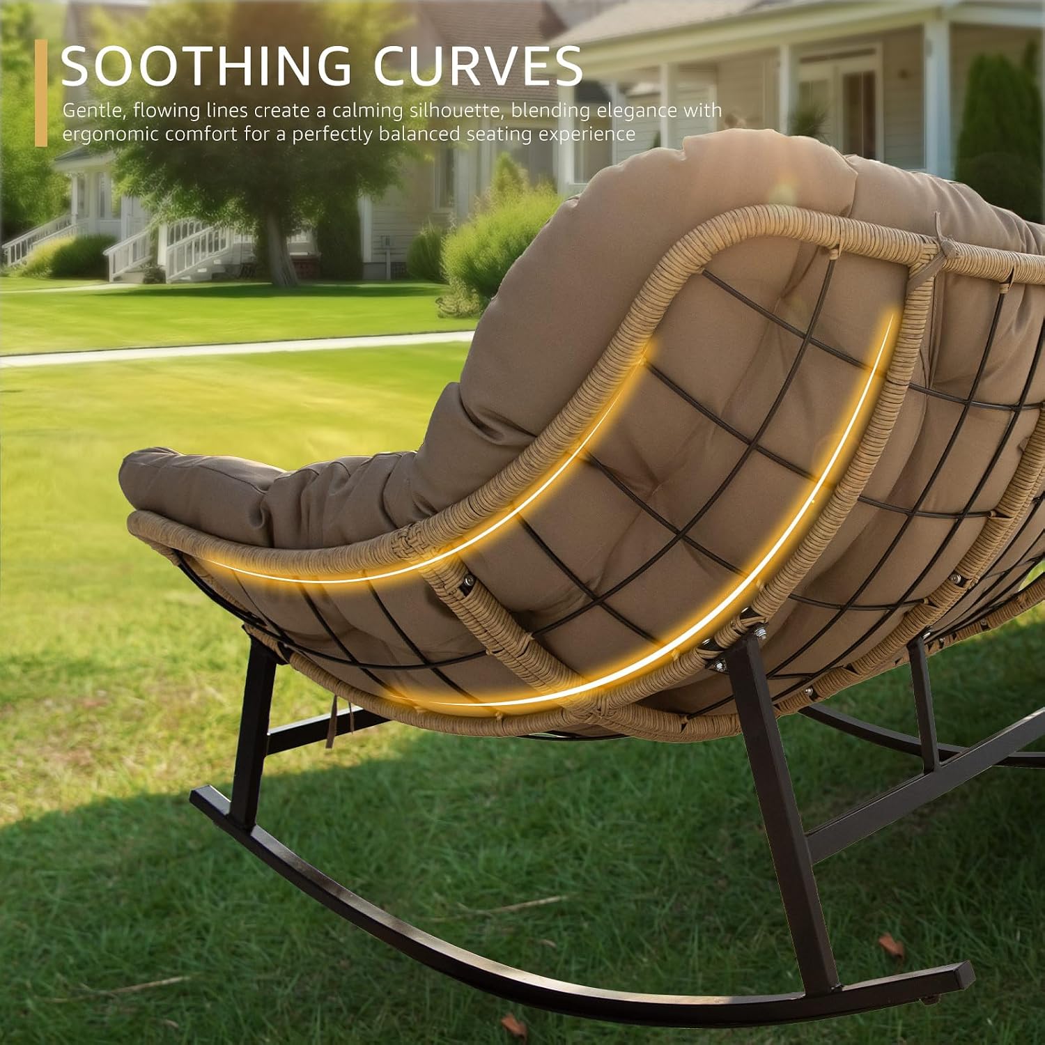 NICESOUL Patio Papasan Rocking Chair for 2, Indoor Outdoor Double Egg Recliner Rocker w/Padded Cushion, Large Wide Oversized Rattan Lounge Glider for Living Room Balcony Inside Outside, Brown