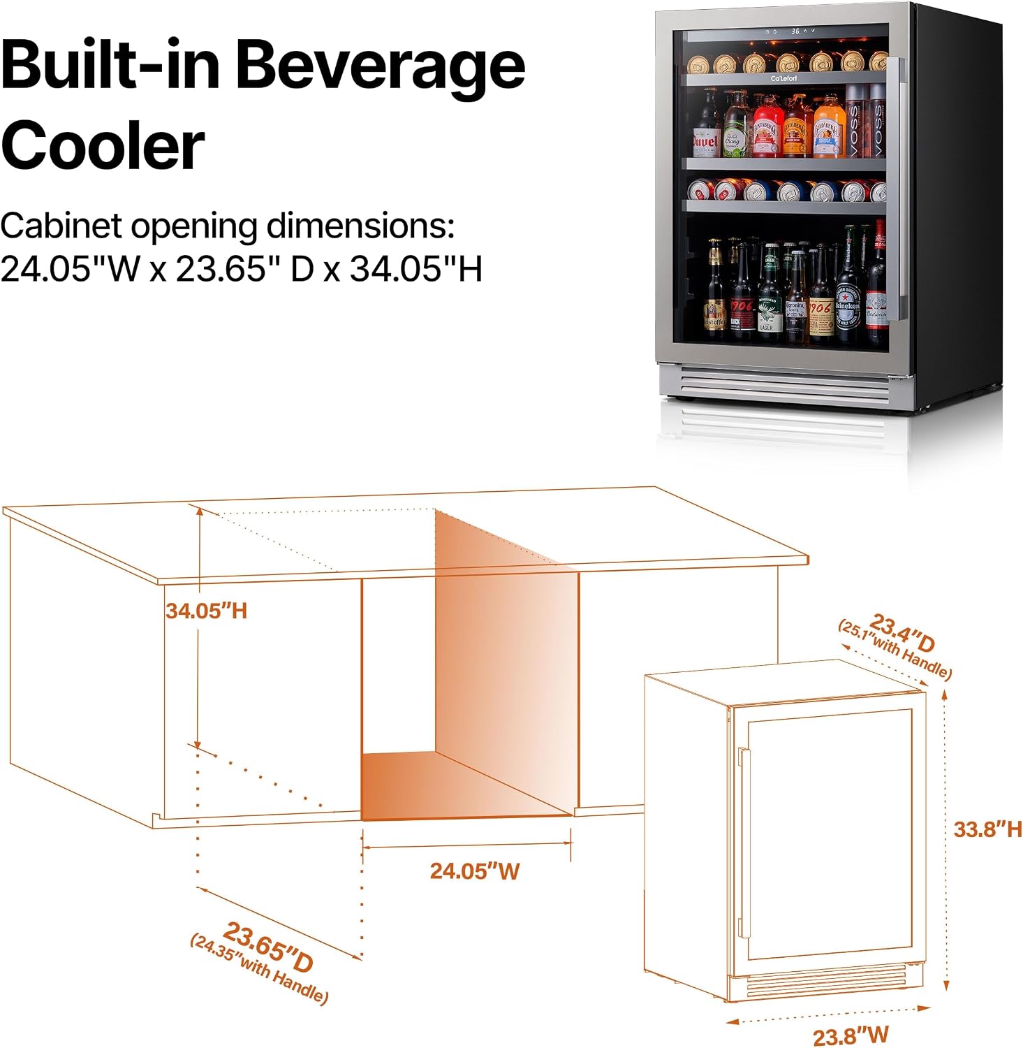 Ca'Lefort 24 Inch Beverage Refrigerator, 180 Can 34°F -54°F Beverage Fridges, Drink Fridge with Glass Door 3 LED Beverage Coolers Built in or Freestanding, Perfect for Home/Kitchen(Left-Hinged)