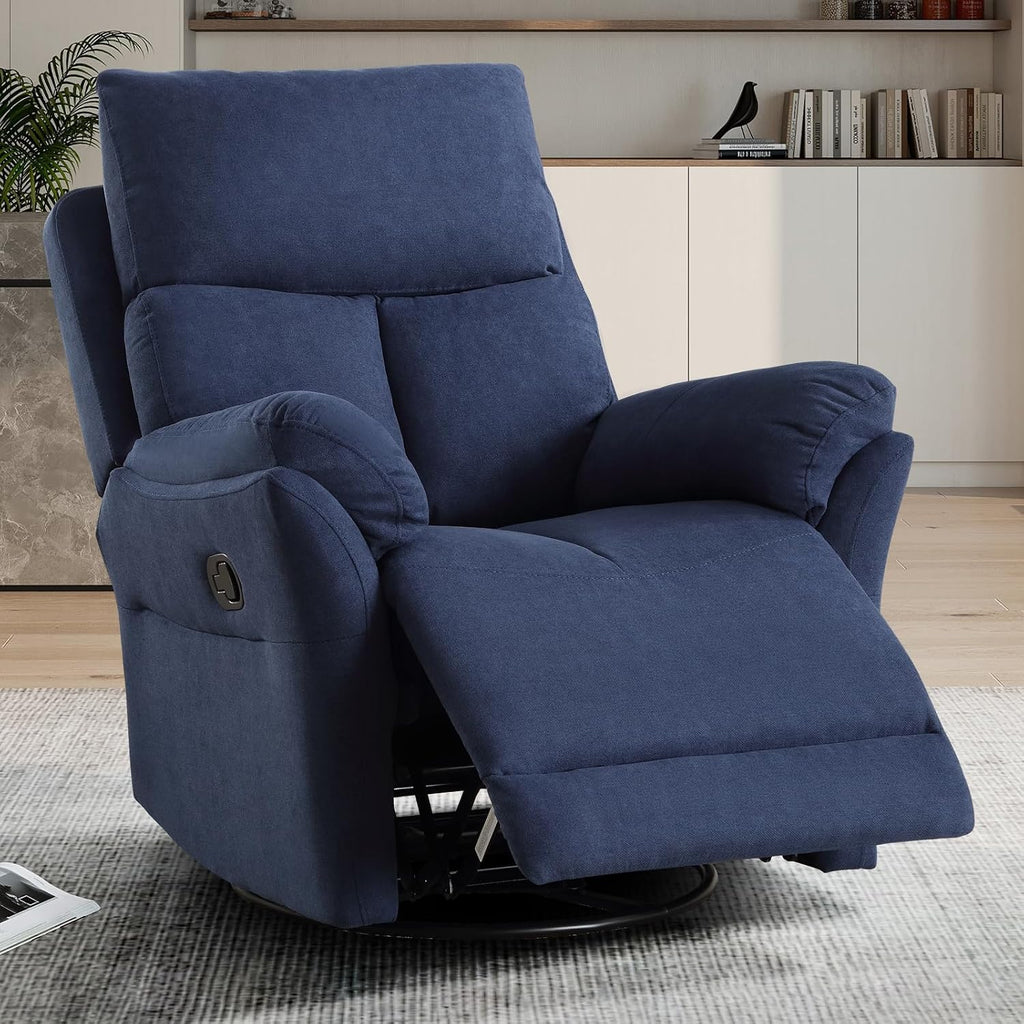 CANMOV Swivel Rocker Recliner, Manual Recliner with Overstuffed Cushion, Nursing Chairs for Living Room, Swivel Glider Recliners with Soft Backrest, Blue