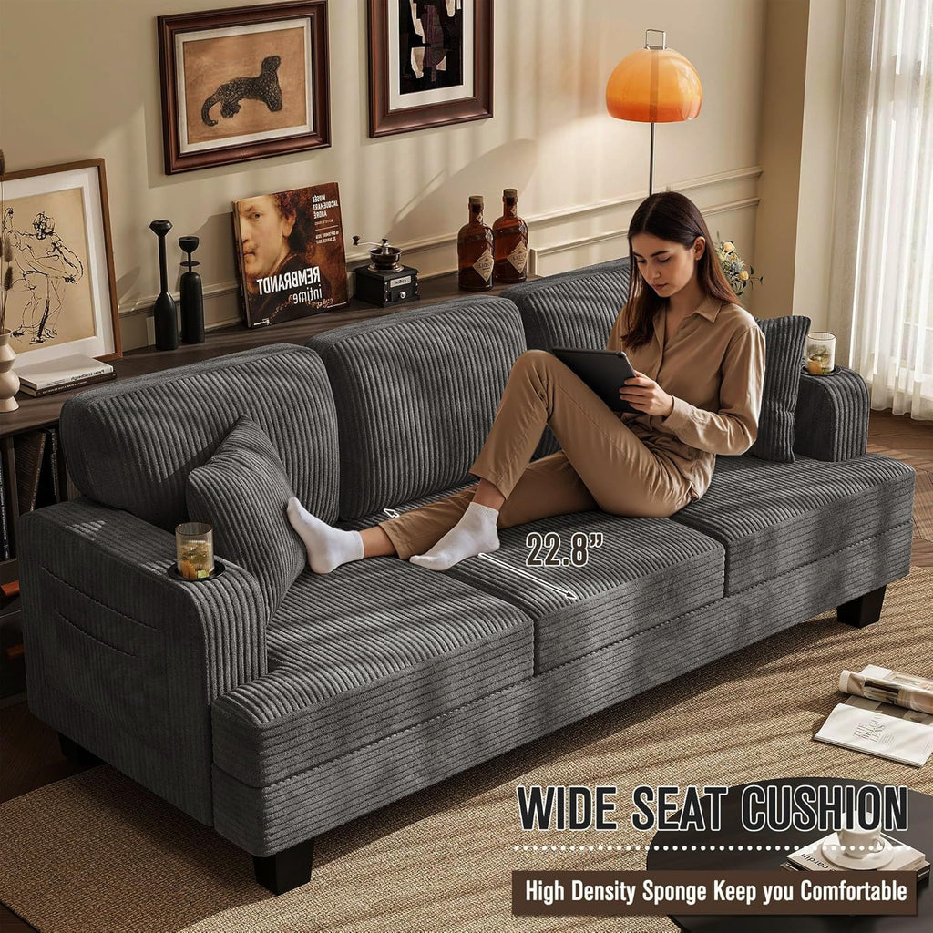 83' Modern Couch with Cup Holders, 3 Seater Couch with Comfy Pillow & Side Storage Pockets, Corduroyn Small Couch with Deep Seat Couch for Living Room, Bedroom, Apartment and Office (Charcoal Gray)