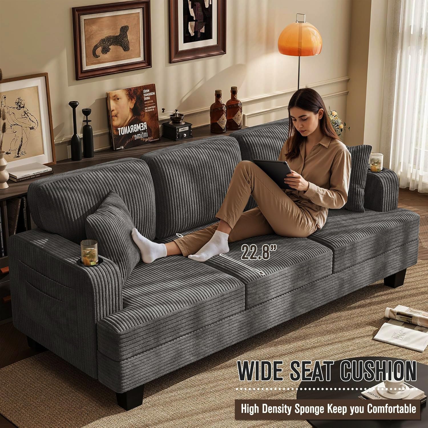 83' Modern Couch with Cup Holders, 3 Seater Couch with Comfy Pillow & Side Storage Pockets, Corduroyn Small Couch with Deep Seat Couch for Living Room, Bedroom, Apartment and Office (Charcoal Gray)