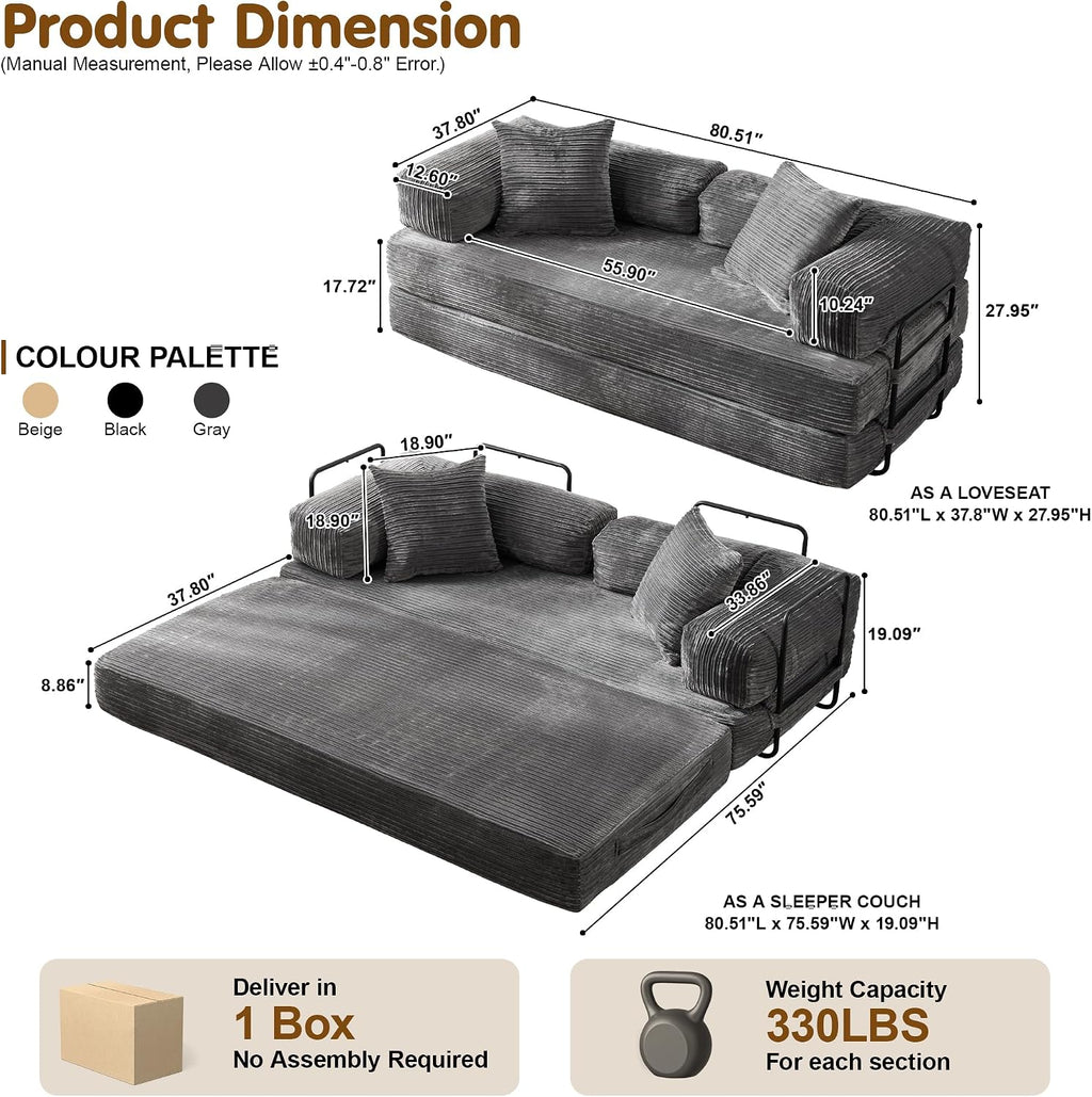 81″ Convertible Sleeper Sofa Bed with Pillows, Corduroy Foldable Mattress Couch with Fixed-Shape Frame, Futon Sofa Bed, Boneless Couch for Living Room Bedroom Lounge Studio, Gray
