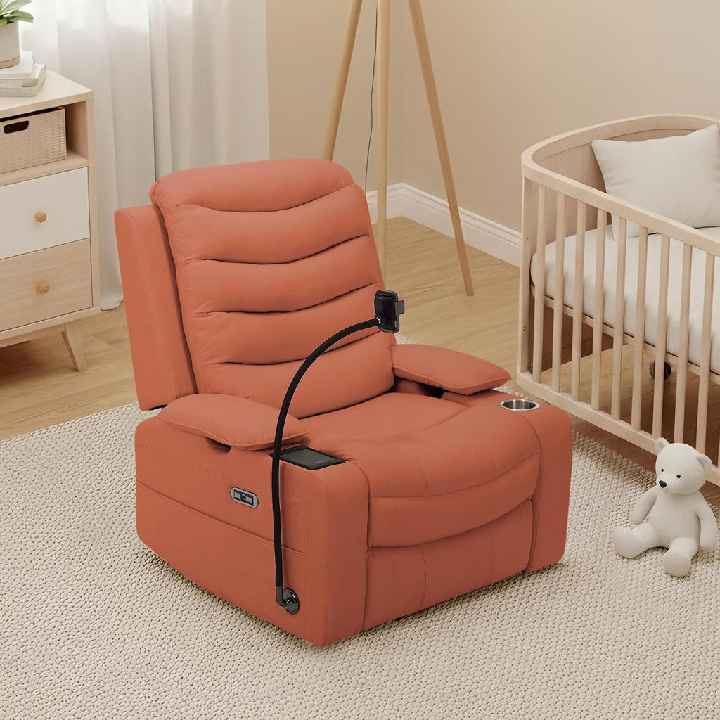 Olela Power Glider Recliner Nursery Chair, PU Leather Swivel Rocking Chair with Electric Lumbar Support, USB Charging, Smart Cup Holder, Light, Adjustable Armrest, Wireless Phone Charger Holder