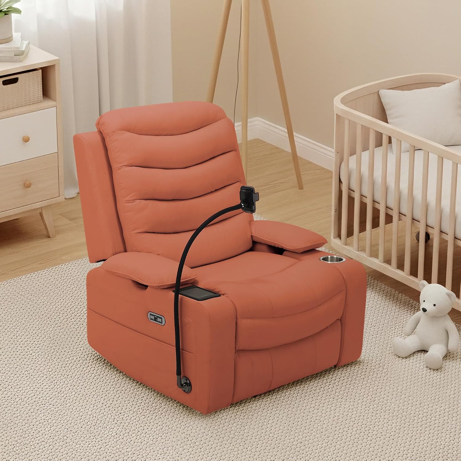 Olela Power Glider Recliner Nursery Chair, PU Leather Swivel Rocking Chair with Electric Lumbar Support, USB Charging, Smart Cup Holder, Light, Adjustable Armrest, Wireless Phone Charger Holder