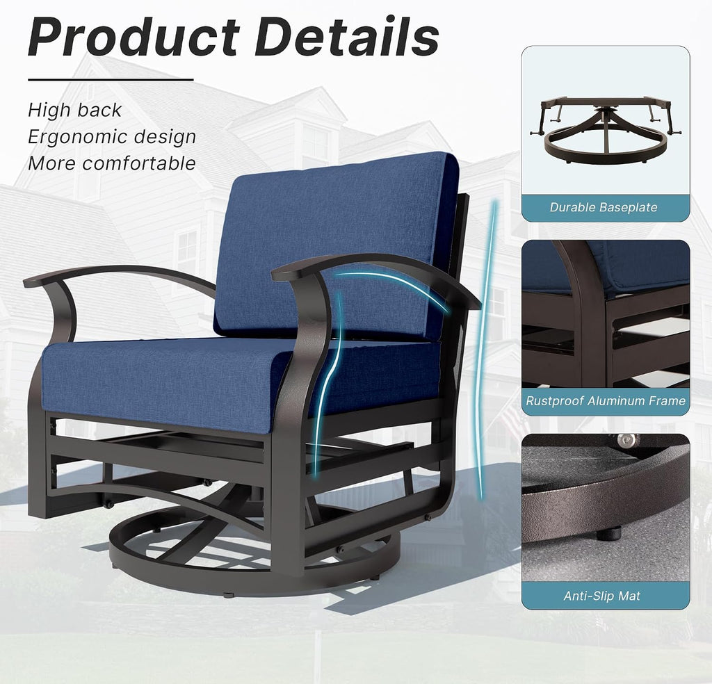 Kurapika 3 Pieces Patio Furniture Set, Outdoor Aluminum Swivel Gliders Rocker, Patio Bistro Set Rocking Chair with Thickened Cushions and Side Table for Porch Garden(Navy Blue)