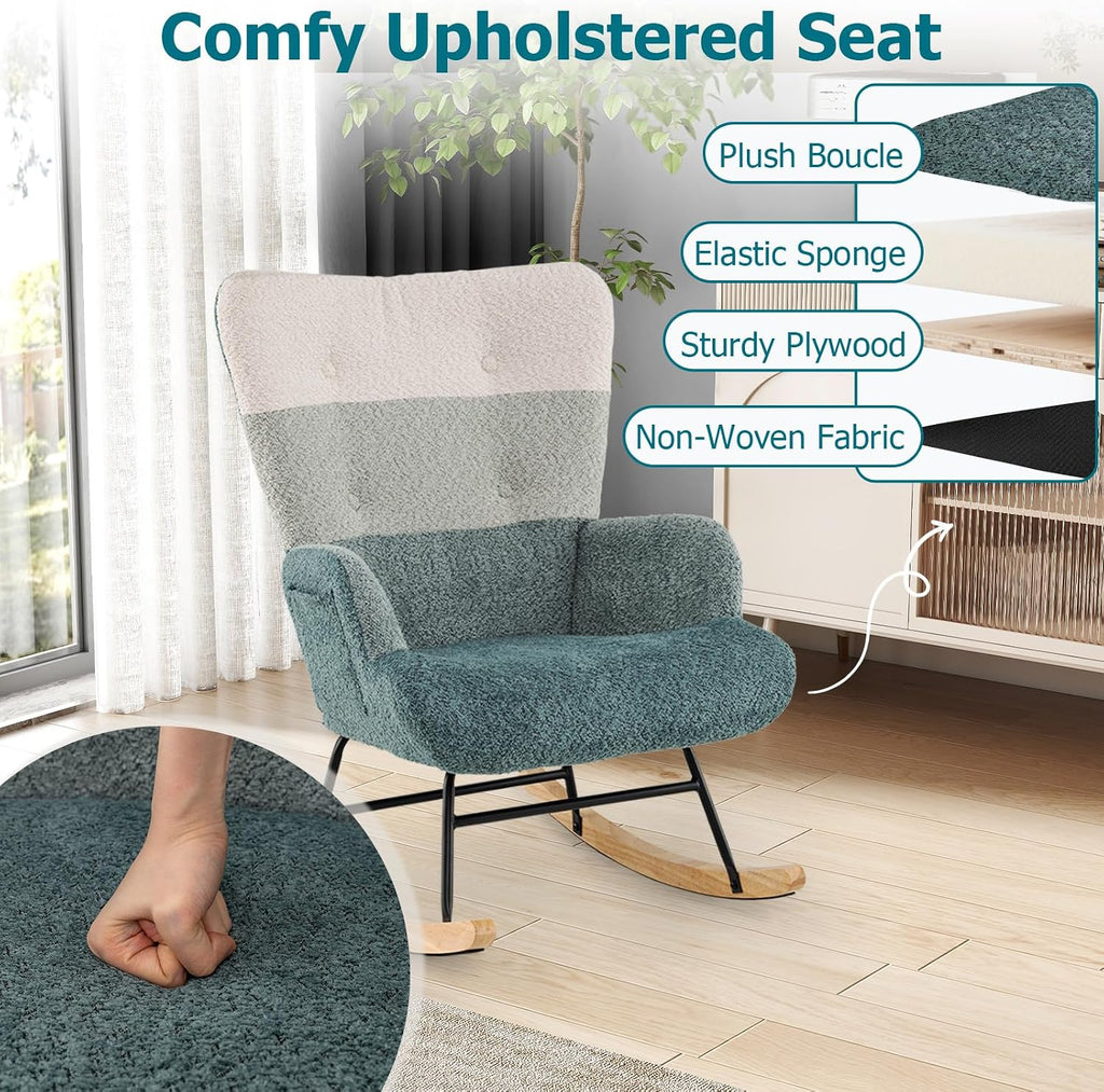 Giantex Rocking Chair Nursery, Boucle Upholstered Glider Rocker w/Ergonomic High Backrest, Rubber Wood Legs & Side Pocket, Striped Modern Accent Chair for Bedroom, Living Room, Offices