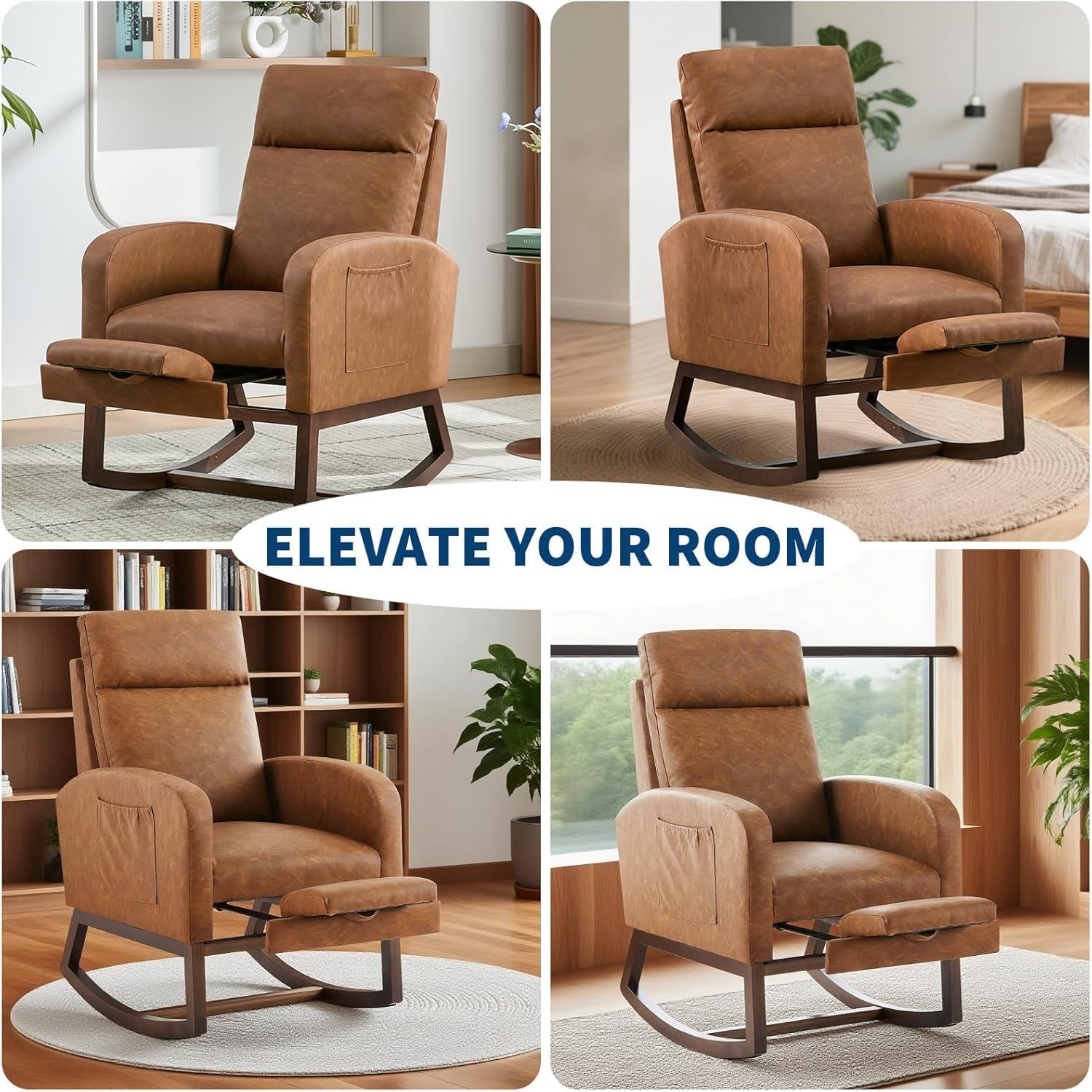 Rocking Nursery Chair for Mom Nursery,PU Rocking Chairs with Foot Rest,High Backrest& Wood Legs and Side Pocket for Living Room,Bedroom,Recliner Armchair,Brown