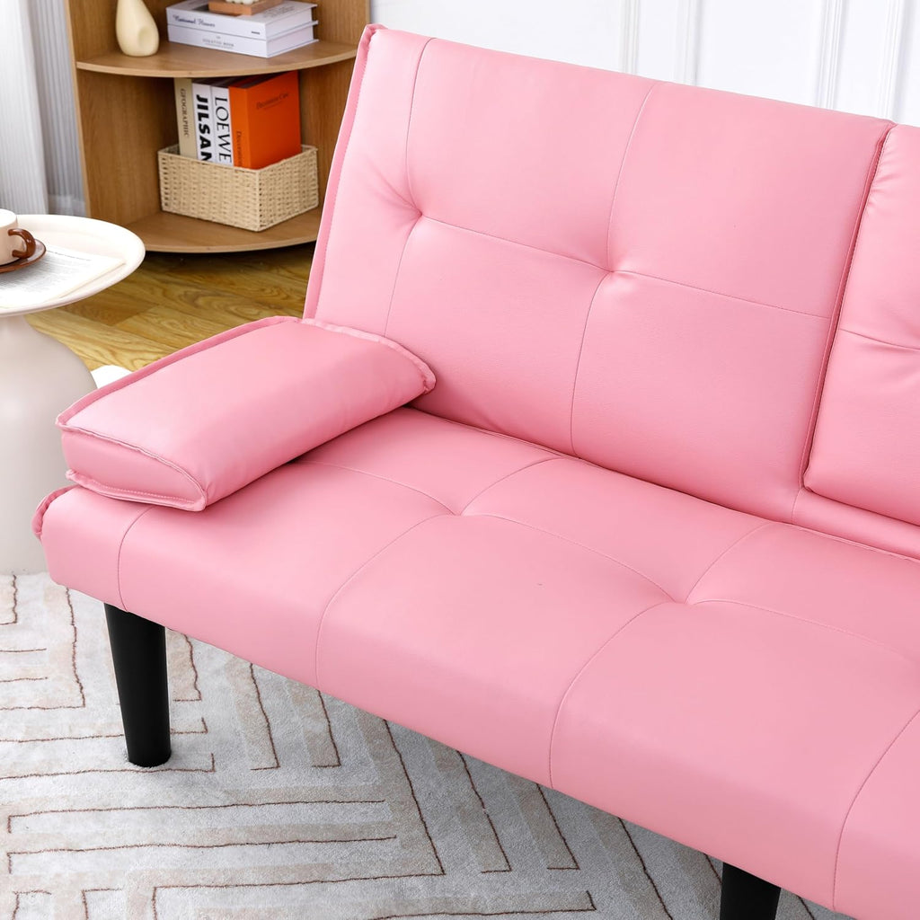 KEIKI Sleeper Sofa Bed with Cup Holder, 3 in 1 Convertible Futon Sofa Bed for Living Room, Dorm, Home Office, Pink