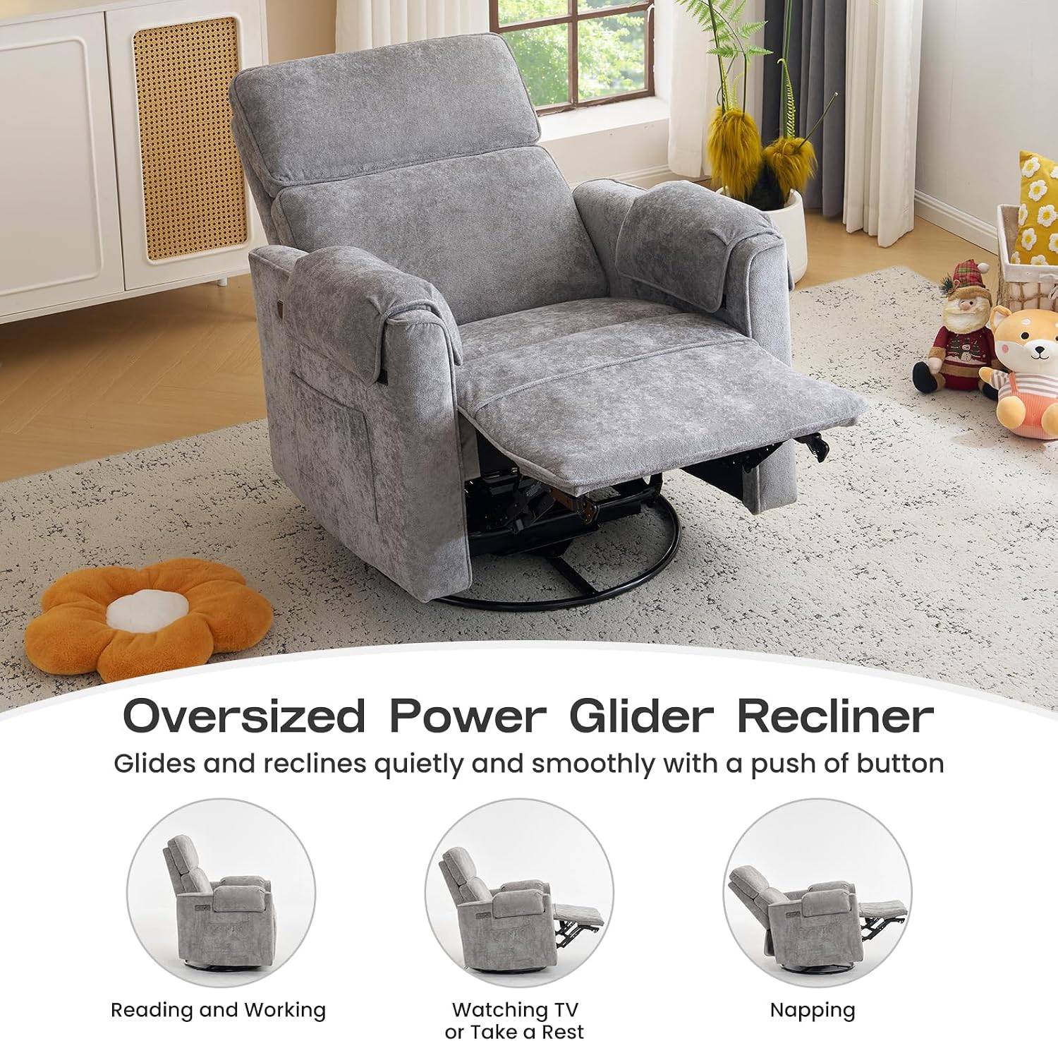 Chenille Rocking Chair Nursery with Adjustable Headrest, 24' Extra Wide Swivel Rocker Recliner with Overstuffed Armrest, Oversized Power Rocker Recliner with USB Ports, Grey