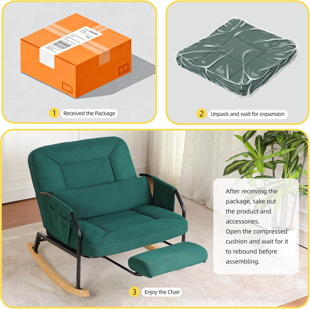 Oversized Rocking Chair, Extra-Wide Glider Patio Rocker Chairs with Foot Rest, Padded Cushion, Adjustable Backrest, Mental Wooden Farm, Indoor/Outdoor Living Room Bedroom Balcony Porch, Green