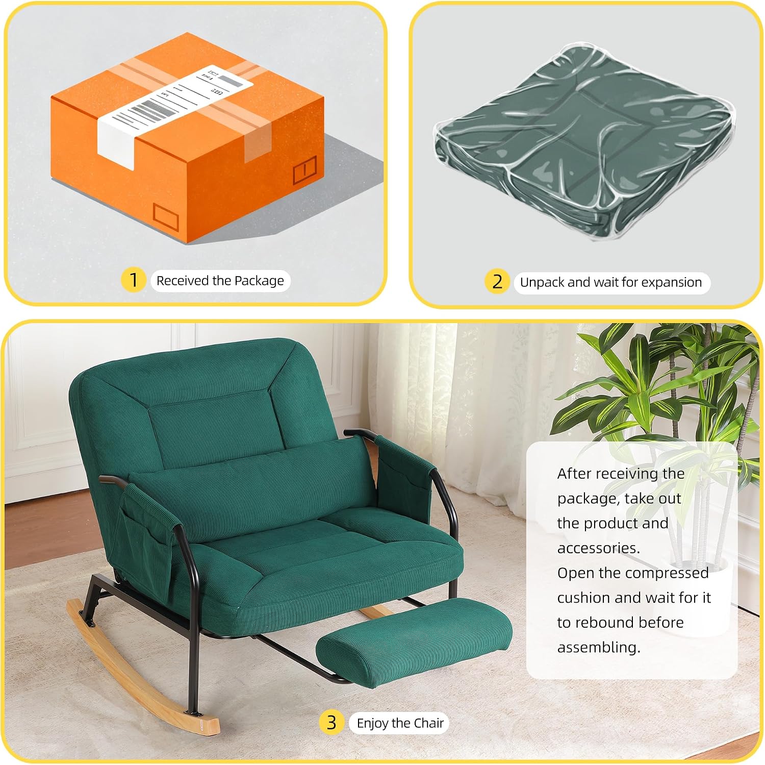 Oversized Rocking Chair, Extra-Wide Glider Patio Rocker Chairs with Foot Rest, Padded Cushion, Adjustable Backrest, Mental Wooden Farm, Indoor/Outdoor Living Room Bedroom Balcony Porch, Green