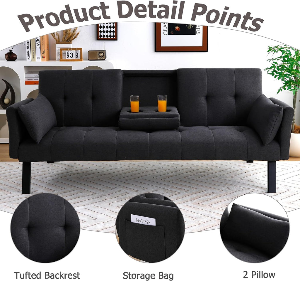 70' Futon Sofa with Cupholders,Adjustable Backrest Cotton Linen with Cup Holders and 2 Throw Pillows Sleeper Sofa for Living Room Apartment Small Space (Dark Grey)