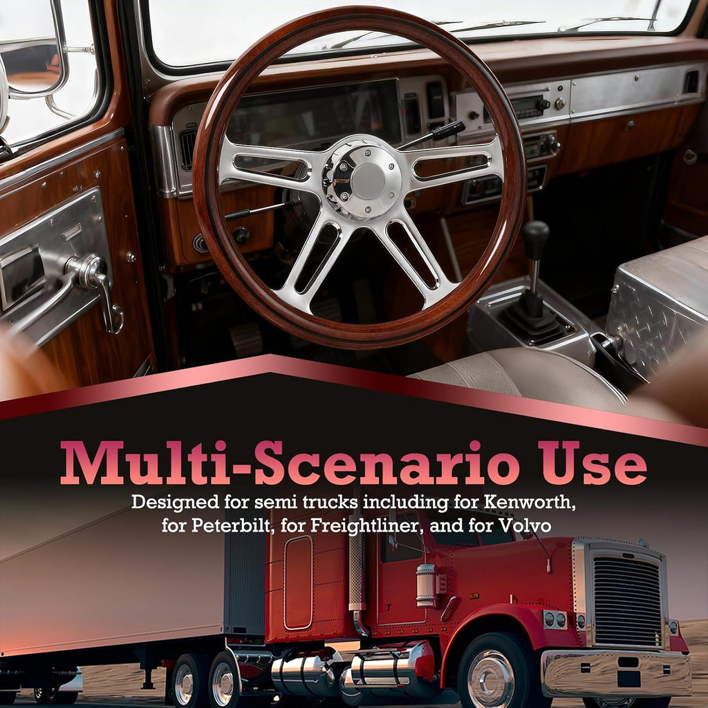 18' Solid Wood lacquering Truck Steering Wheel Chrome-Plated Aluminum Alloy 5-Bolt,Deep Dish 50mm,Fit for Kenworth for Peterbilt for Freightliner for Volvo Trucks Dark Wood Grip Steering Wheel