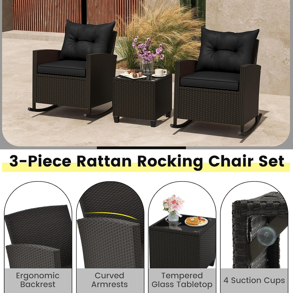 Tangkula 3 Piece Wicker Rocking Set, Patio Rattan Roker Chairs with Tempered Glass Table & Soft Cushions, Outdoor Furniture Set for Backyard, Poolside Porch (Black)