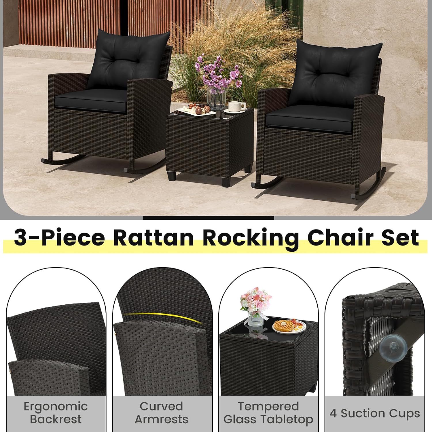 Tangkula 3 Piece Wicker Rocking Set, Patio Rattan Roker Chairs with Tempered Glass Table & Soft Cushions, Outdoor Furniture Set for Backyard, Poolside Porch (Black)