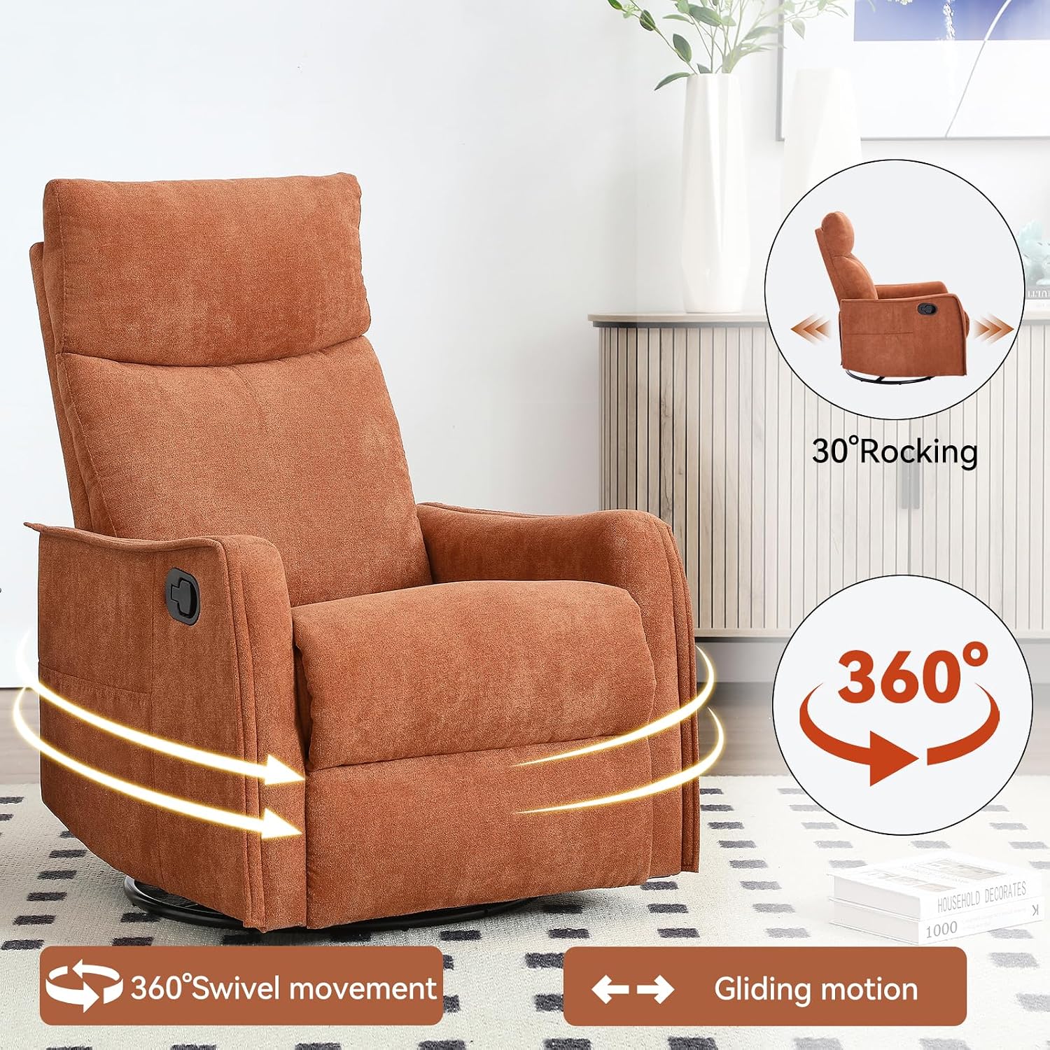 Anwick 360° Swivel Rocker Recliner Chair with Heat and Massage, Manual Upholstered Recliner for Small Spaces, Fabric Glider Nursery Chair with Side Pockets for Living Room (Orange)