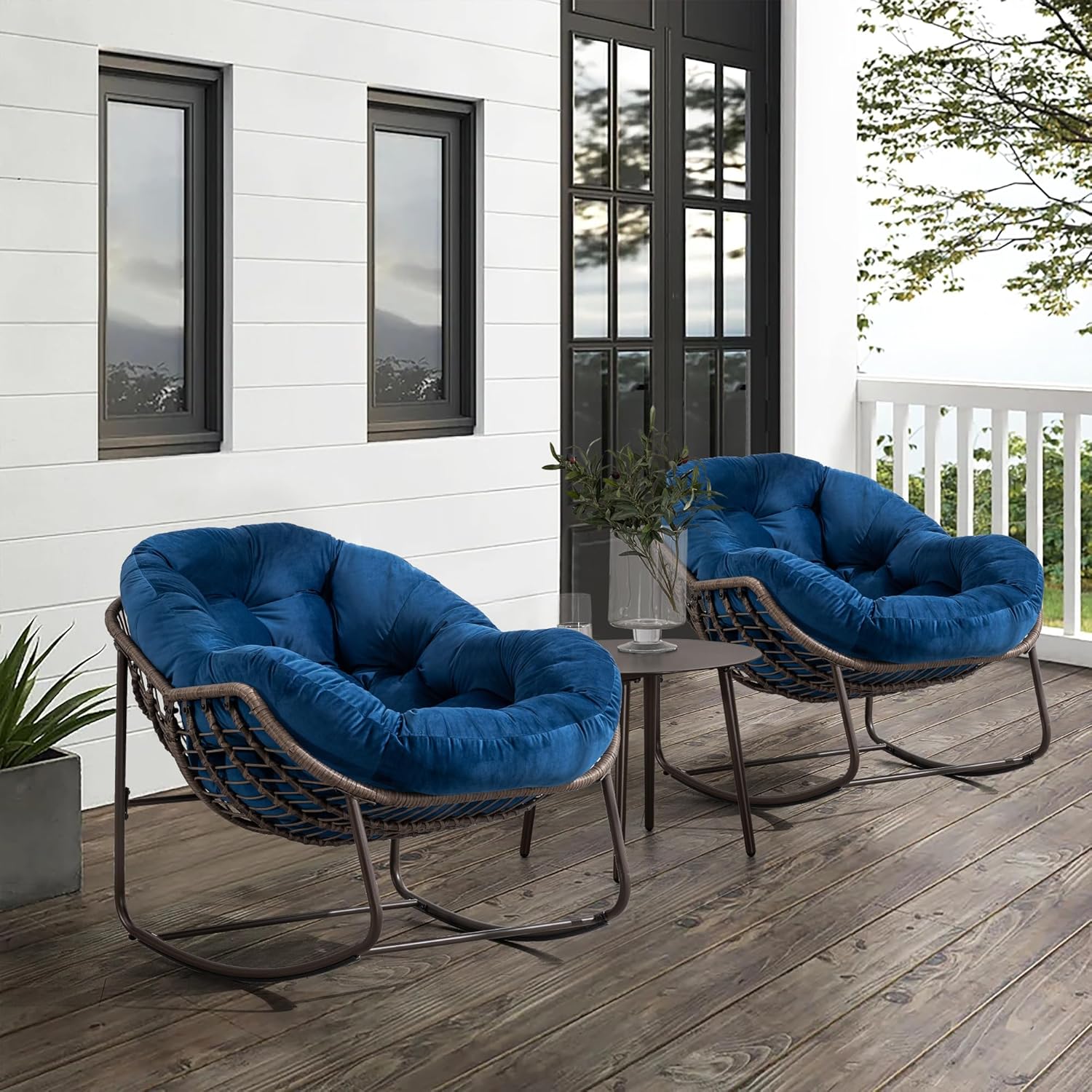 Large Indoor Outdoor Rocking Chair, Oversized Rocking Papasan Chair with Thick Cushion and Frame Outdoor Rocker, Comfy Wicker Egg Chairs Lounge for Outside Porch Patio Backyard (Blue, Set of 2)