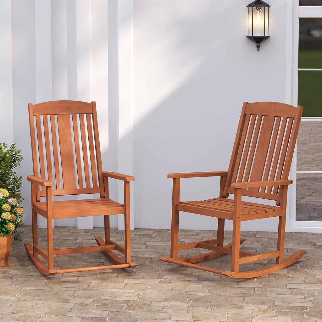 Tangkula Outdoor Patio Wood Rocking Chair, Relaxing Rocker w/High Backrest, Wide Armrests, Curved Seat, for Porch, Patio, Garden, Backyard, 400 LBS Support, Natural (2)