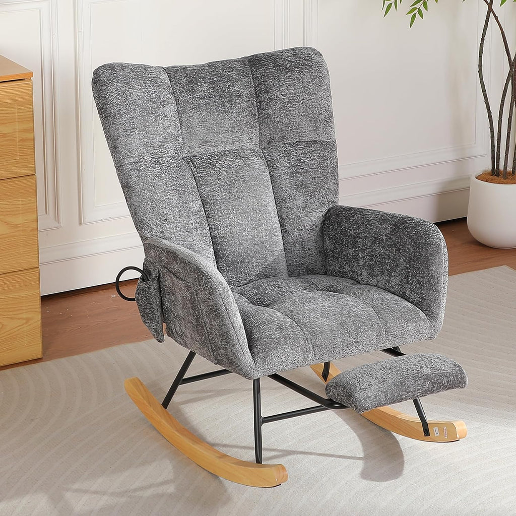 Rocking Chair Nursery with Airbag, Comfy Modern Nursery Rocking Reading Chair indoor with Footrest, Cozy Upholstered Glider Rocker Chairs for Living Room Bedroom Offices(Chenille, Dark Grey)