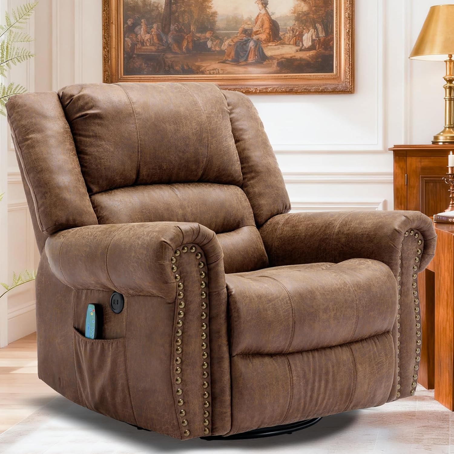 Manual Swivel Rocker Recliner with Heat and Vibration, 360° Swivel Glider Rocking Recliner, Ergonomic Lounge Massage Recliner Chairs with Side Pockets & USB Ports, Nut Brown